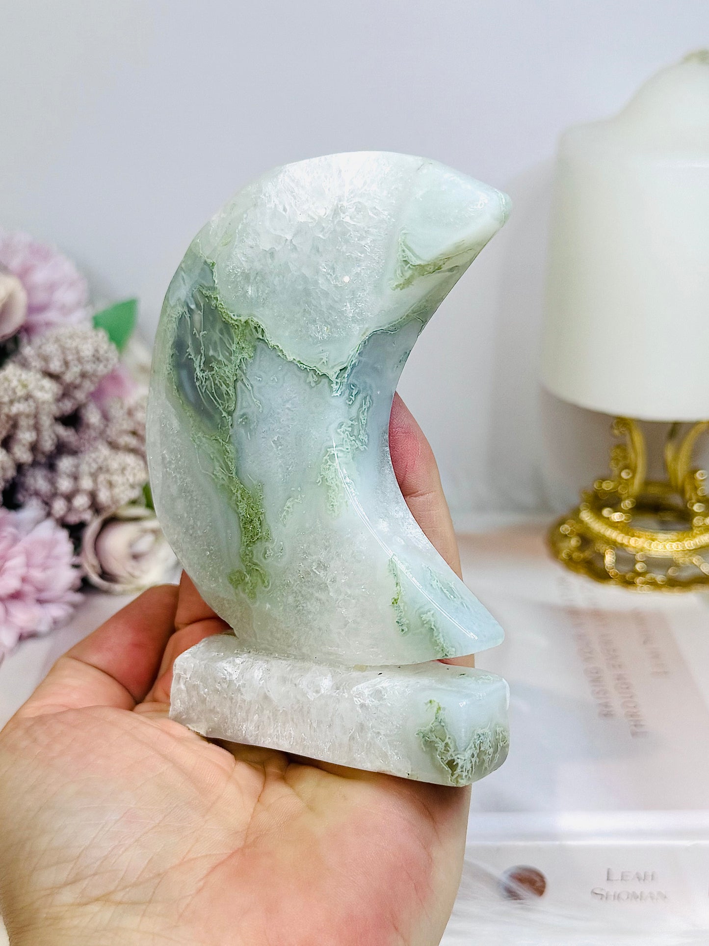 Moss Agate Druzy Moon On Stand 10cm 256g