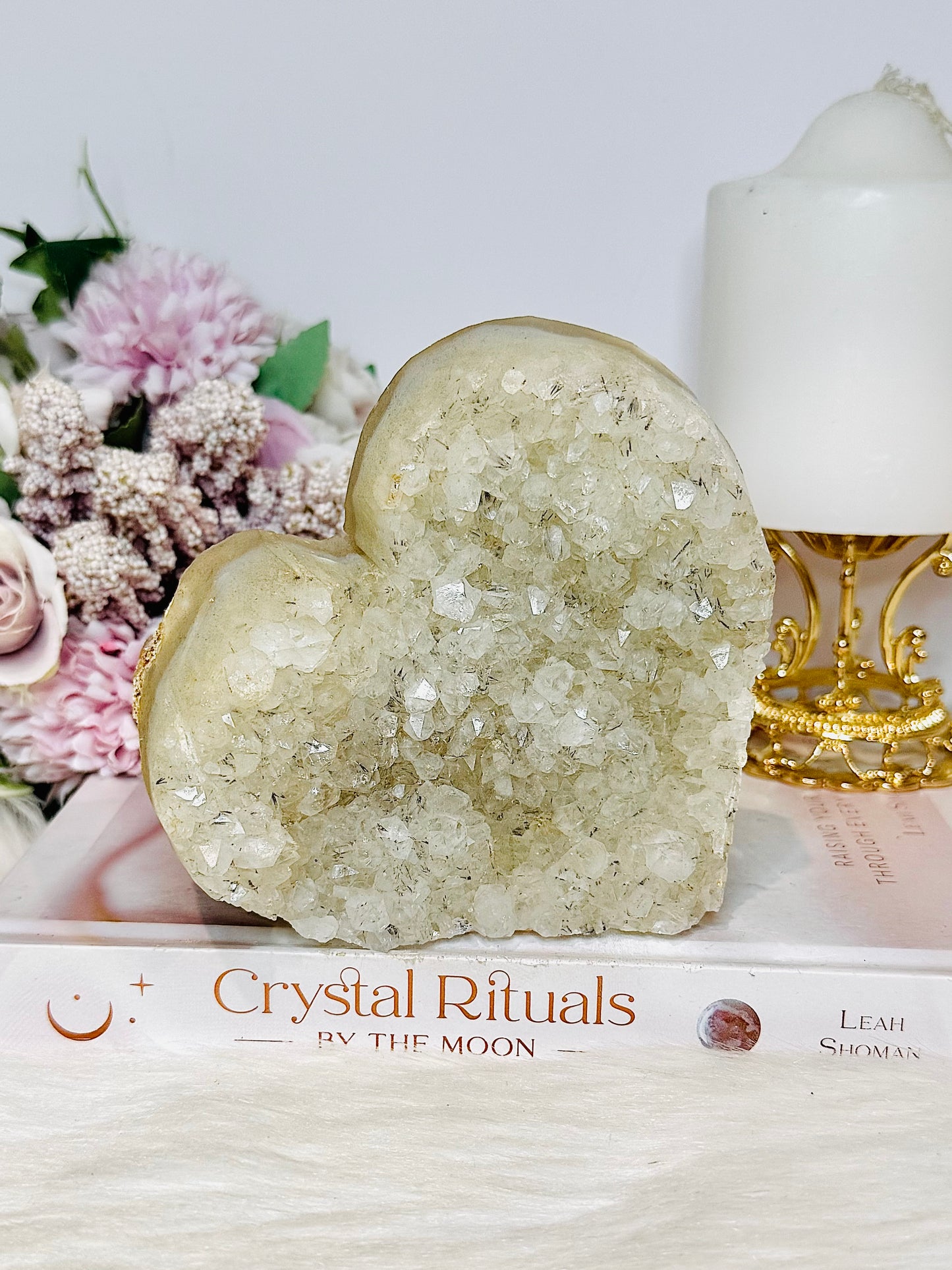 Large Quartz Cluster Carved Heart with Black Tourmaline Inclusions 12cm 801g