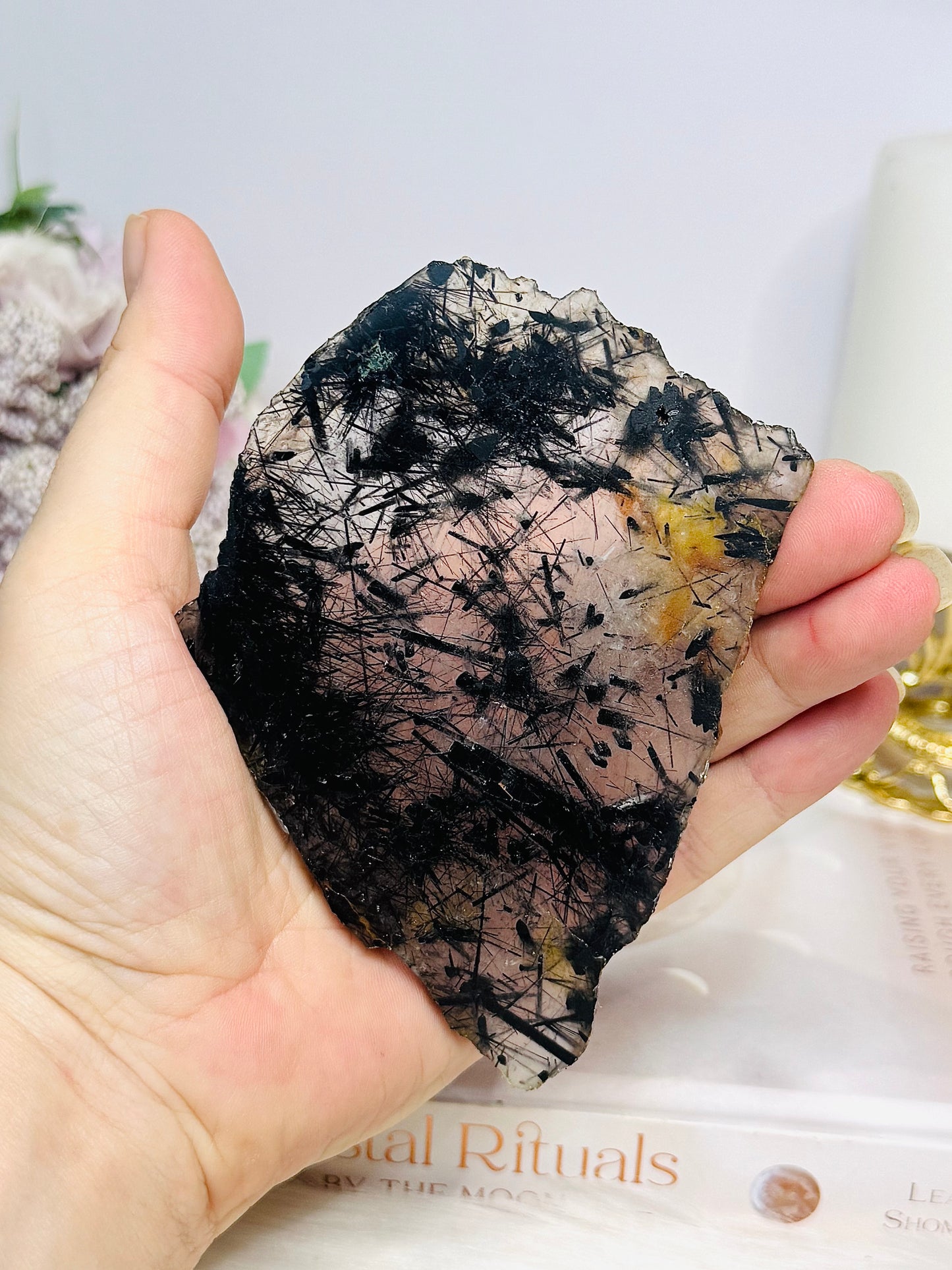Black Tourmaline in Quartz Slab on Stand 12cm