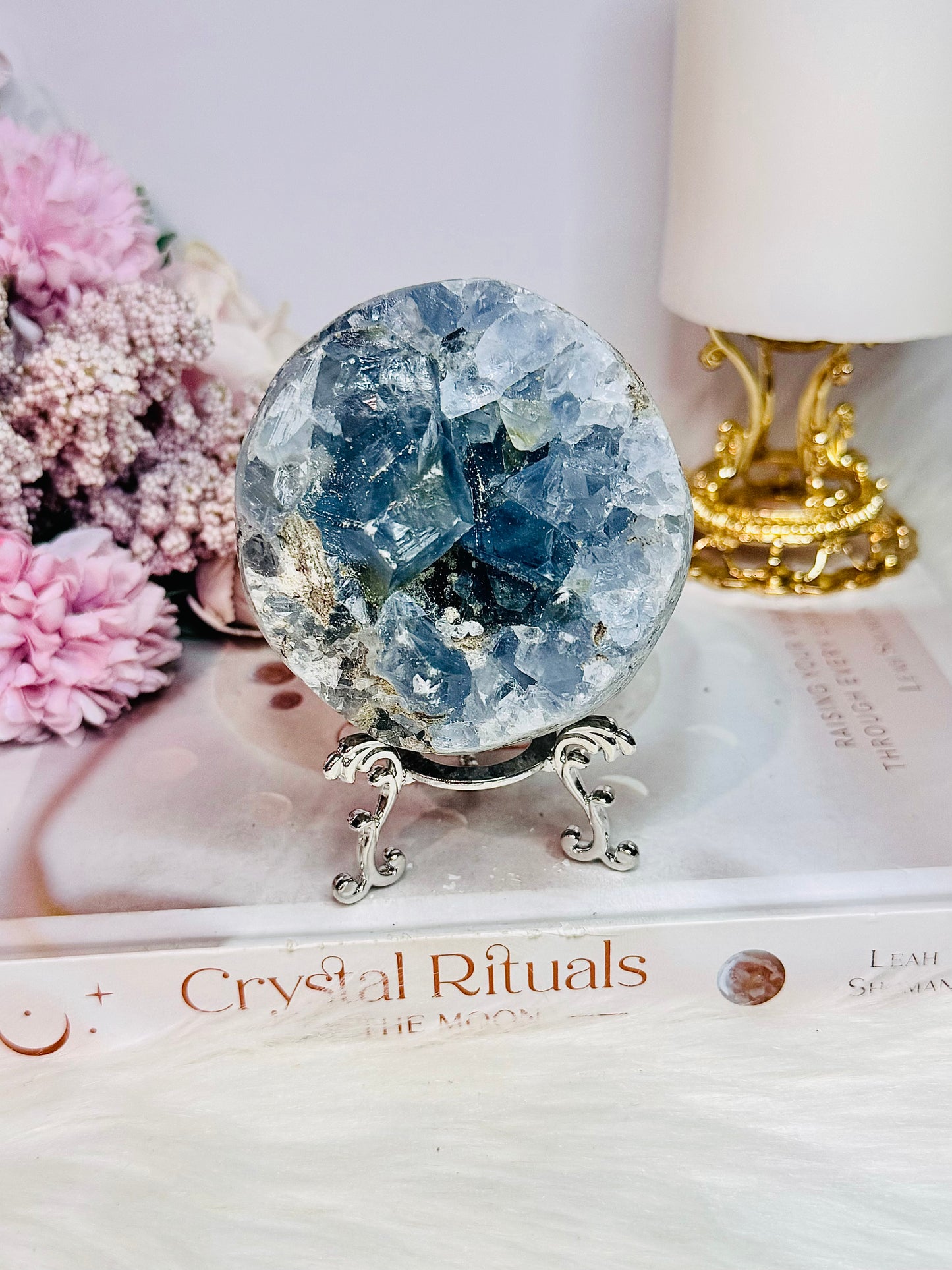 Blue Celestite Large Chunky Natural Druzy Sphere On Stand 648grams