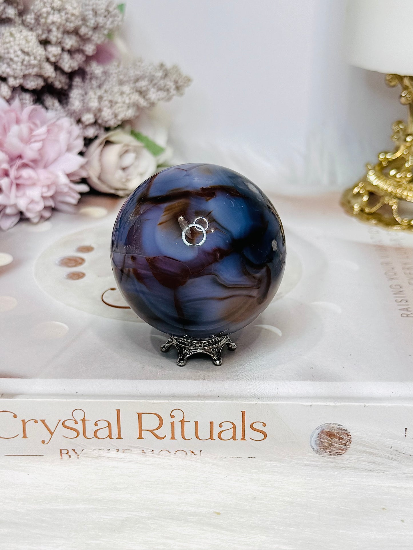 Blue Flower Agate Sphere on Stand 172g