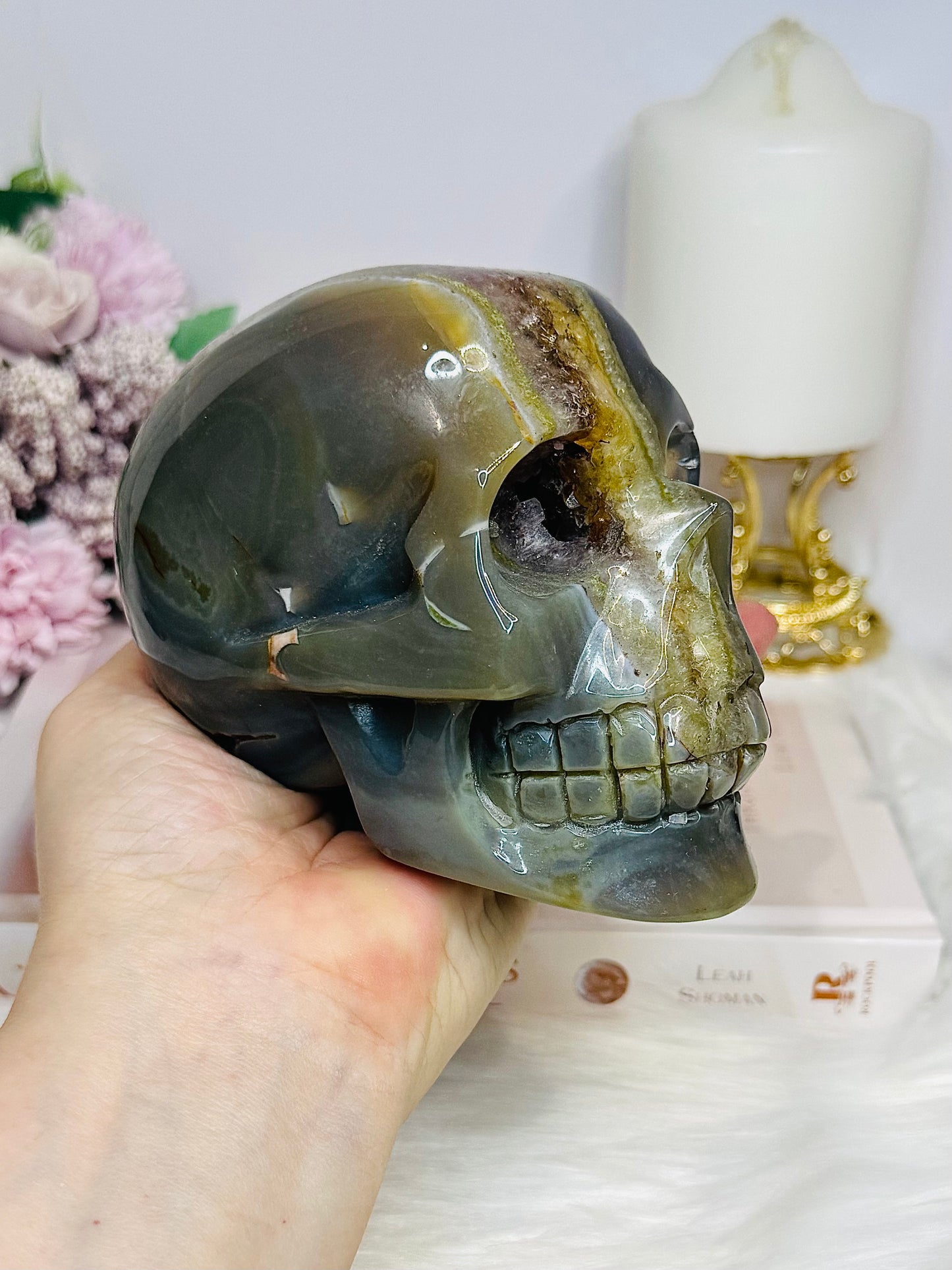 Large Druzy Amethyst X Agate Carved Skull 13cm 1.09KG