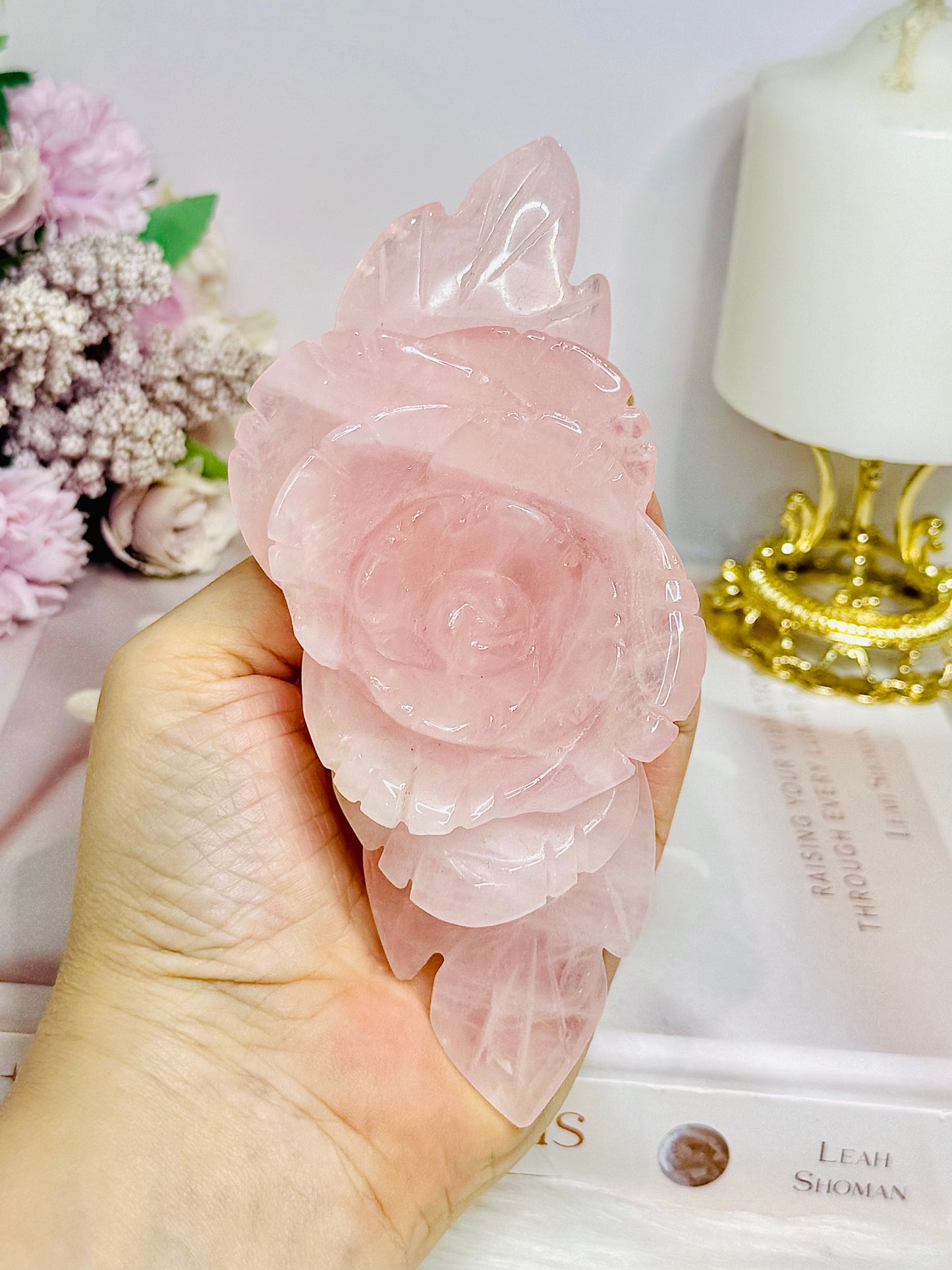 Large Rose Quartz Carved Rose on Stand 15cm