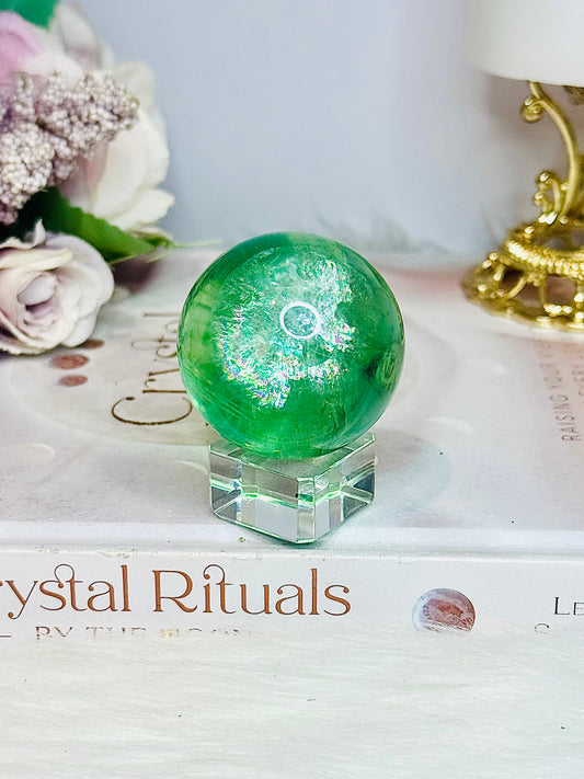 High Grade Green Fluorite Sphere Full of Rainbows On Stand 5cm
