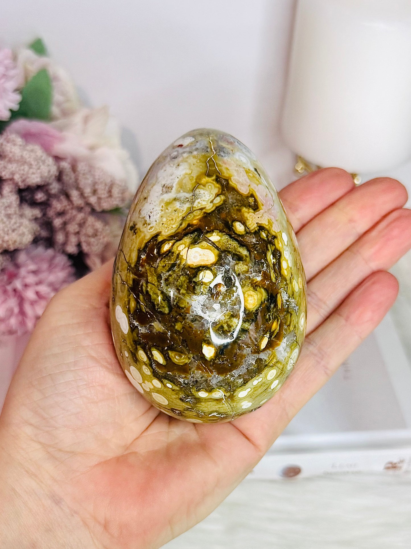 Large Orbicular Ocean Jasper Druzy Egg On Stand 423g