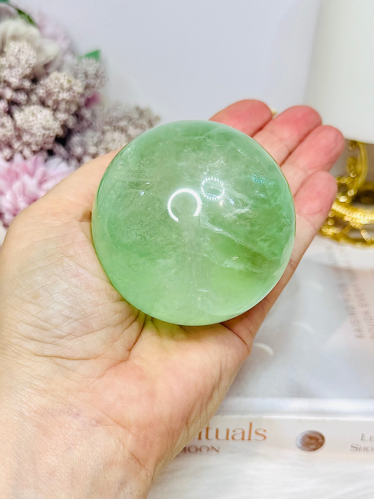 Green Fluorite Sphere with Rainbows On Stand 444g