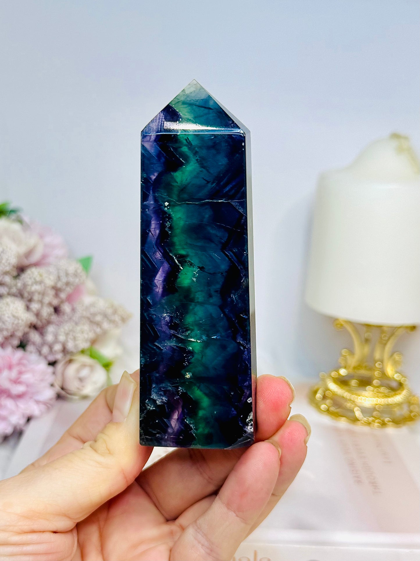 High Grade Rainbow Fluorite Tower 10.5cm