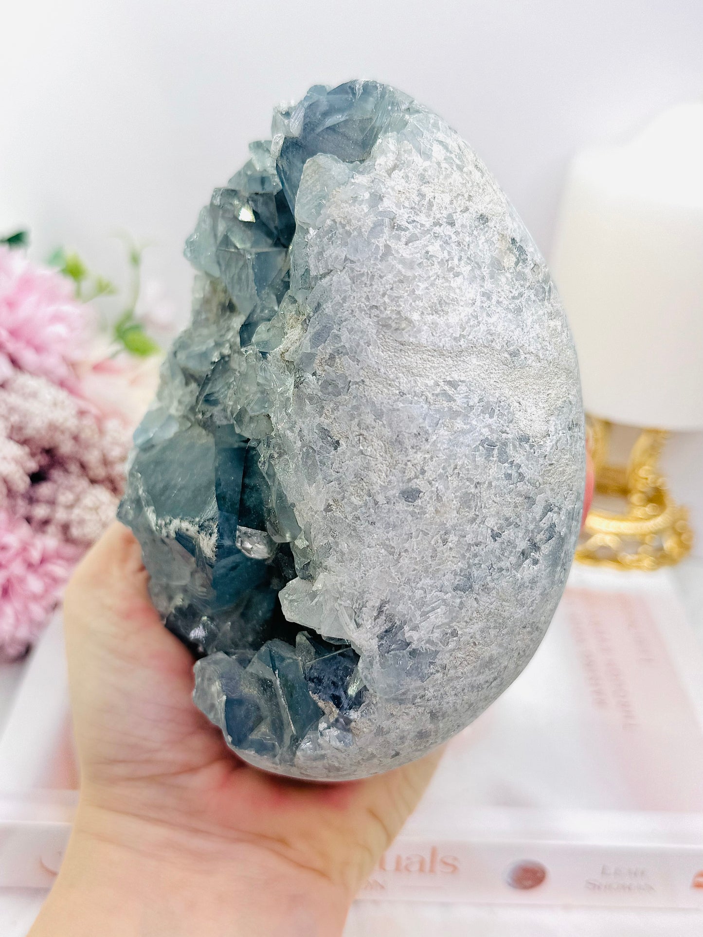 Huge 1.77KG Natural Blue Celestite Druzy Egg On Stand