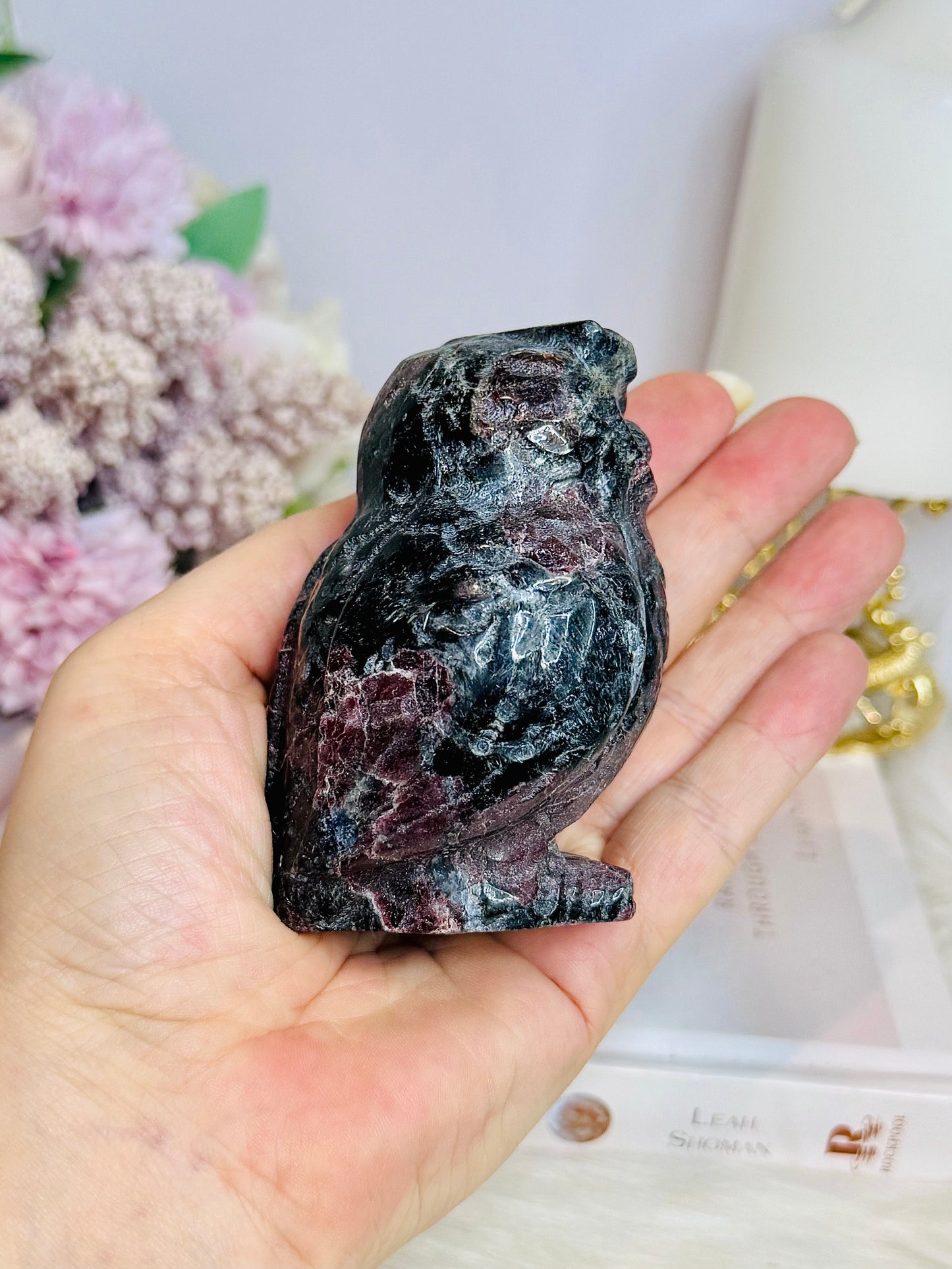 Chunky Garnet In Astrophyllite Carved Owl 9cm 410g