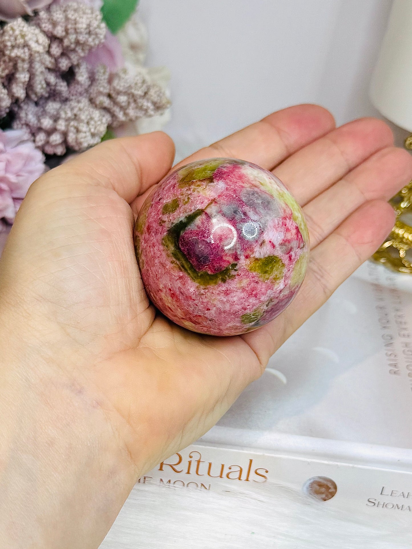 Thulite Sphere with Epidote 208g On Stand