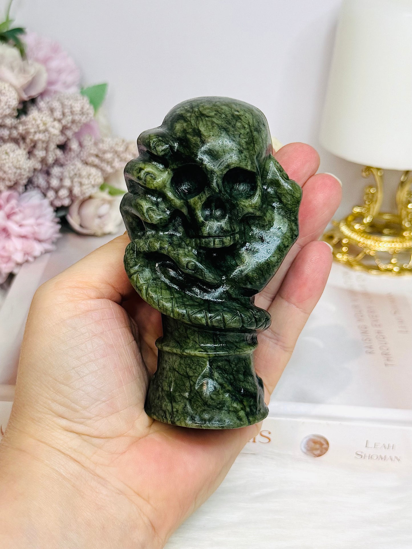 Green Jade Carved Skull, Hand & Snake 11cm 379g