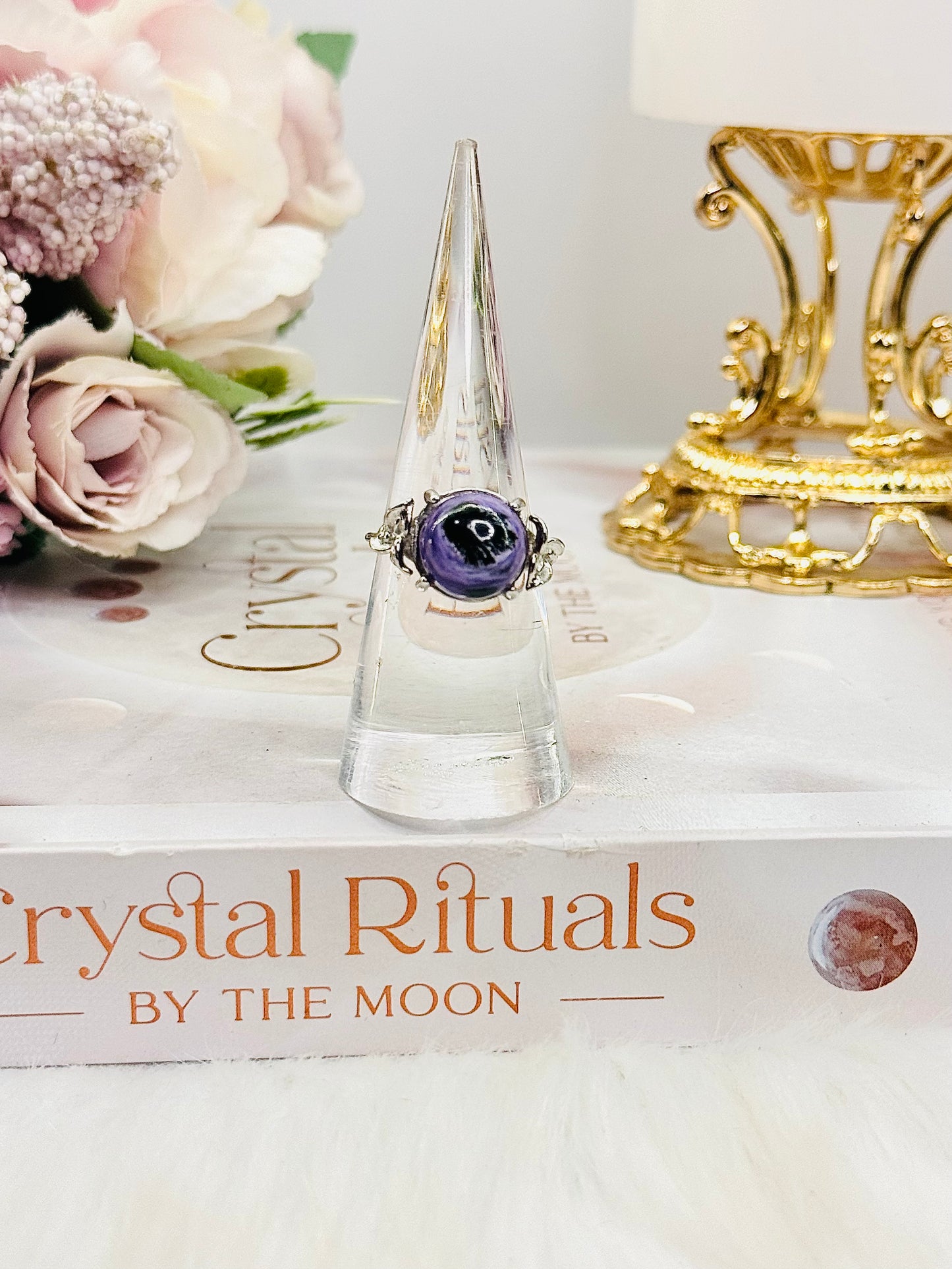 Beautiful Charoite Adjustable Ring In Gift Bag