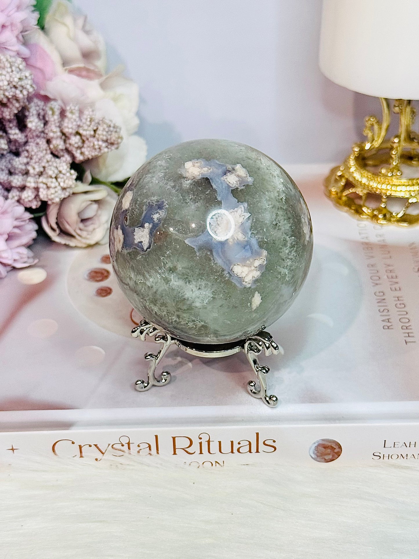 Elegant Green Flower| Blossom Agate Sphere On Stand 289grams