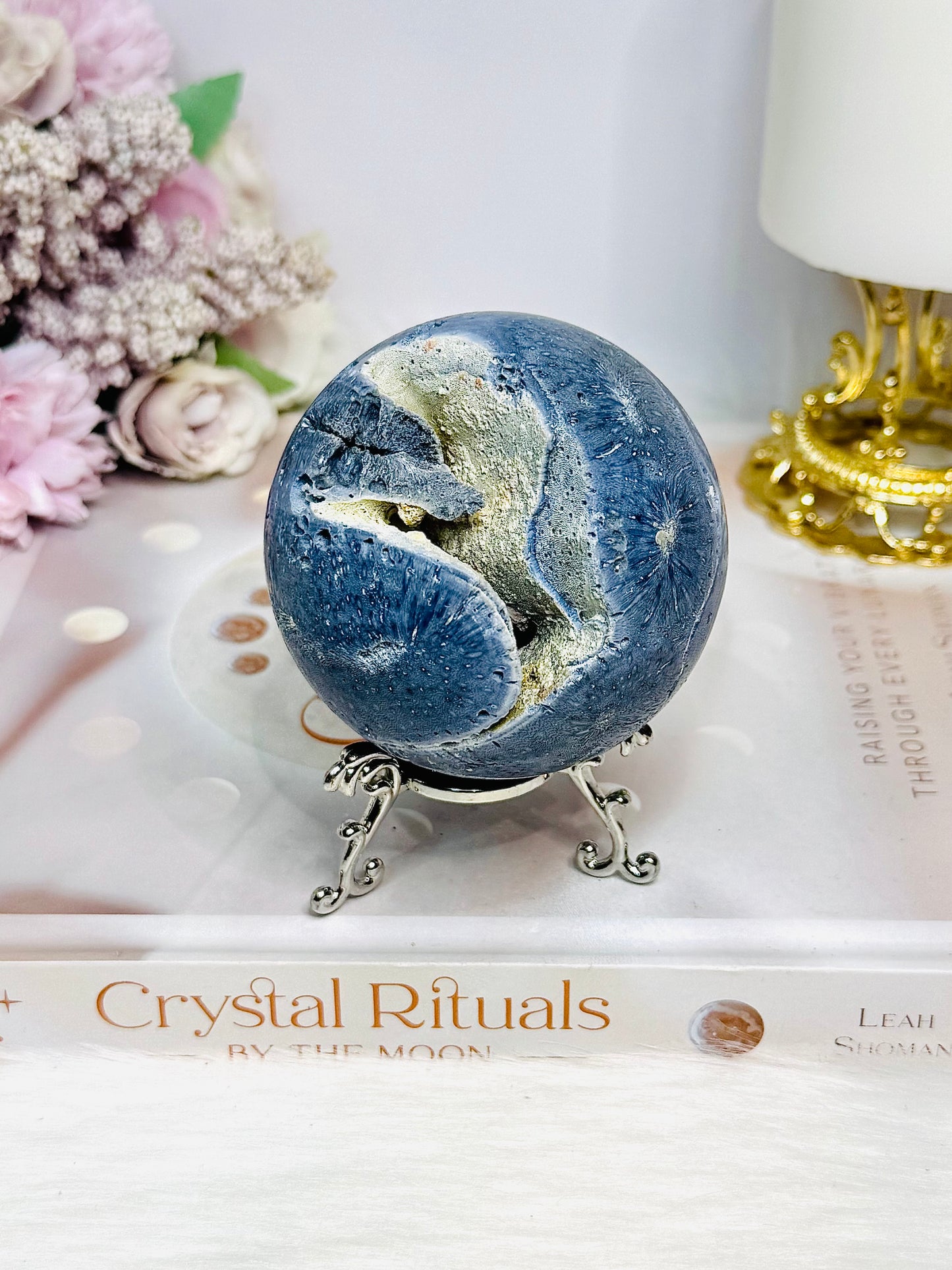 Rare Blue Coral Fossil Sphere on Stand 305g