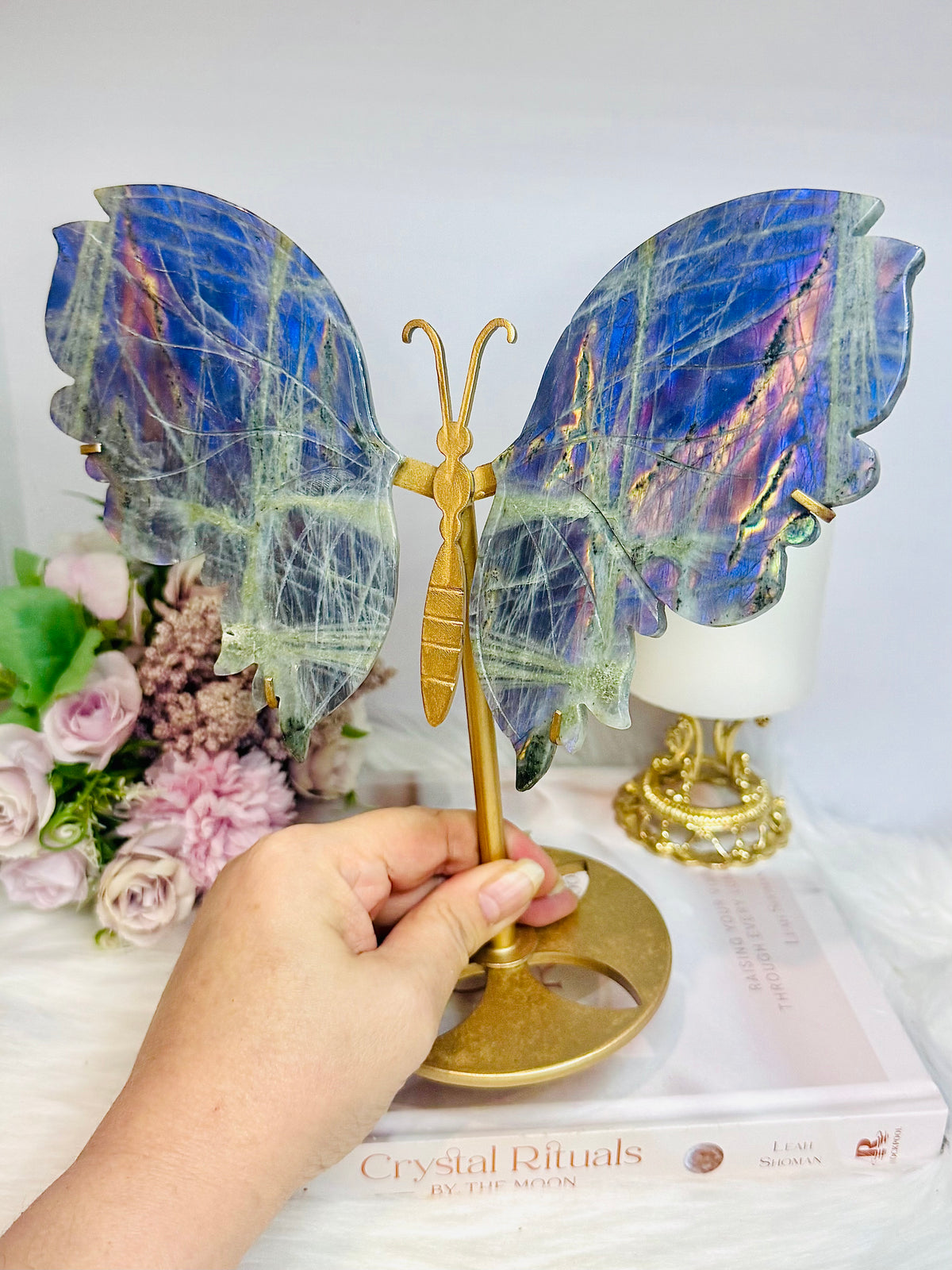 Large Labradorite Butterfly Wings With Purple Flash 21cm Tall