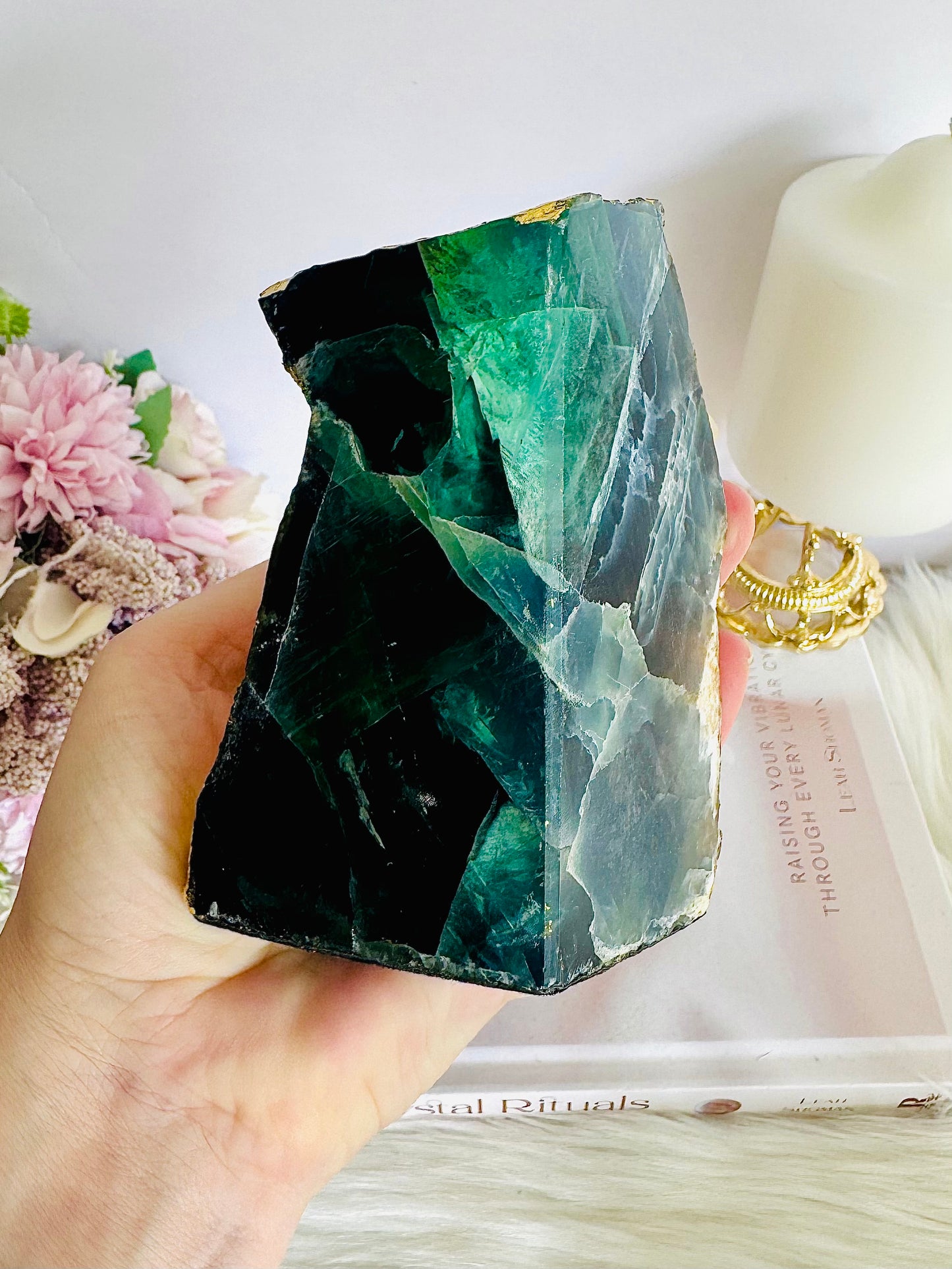 Absolutely Stunning Large Chunky 1.82KG Green Fluorite Gold Plated Book Ends