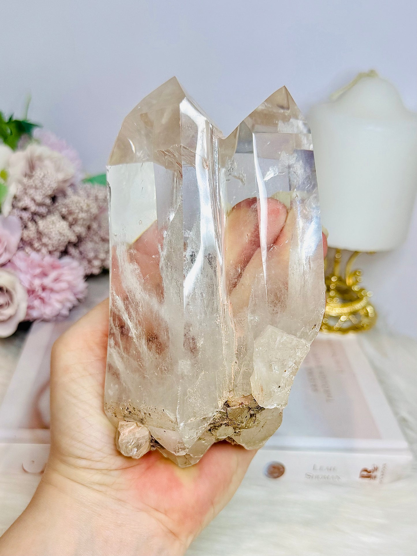 High Grade Clear Quartz Twin | Double Tower with Rainbows on Stand 18cm (on stand) 900g