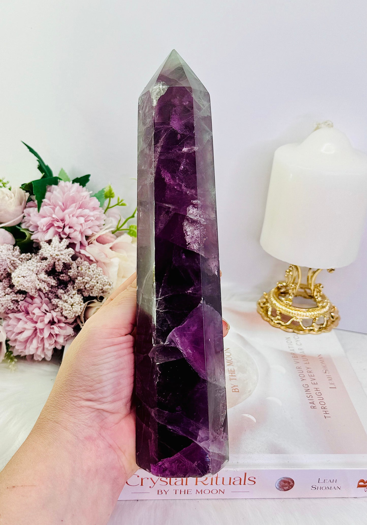 Fabulous Tall 23.5cm 968gram Purple Fluorite Tower with Rainbows