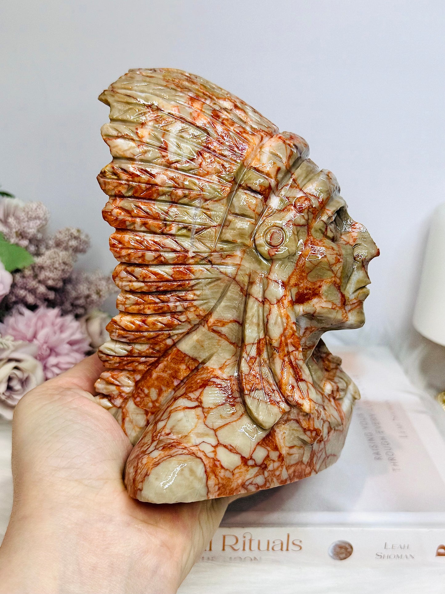 Large Red Vein Jasper Carved American Indian Chief 17cm 1.65KG