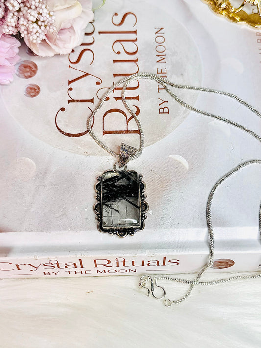 High Grade Black Tourmaline in Quartz Pendant On Silver Chain In Gift Bag