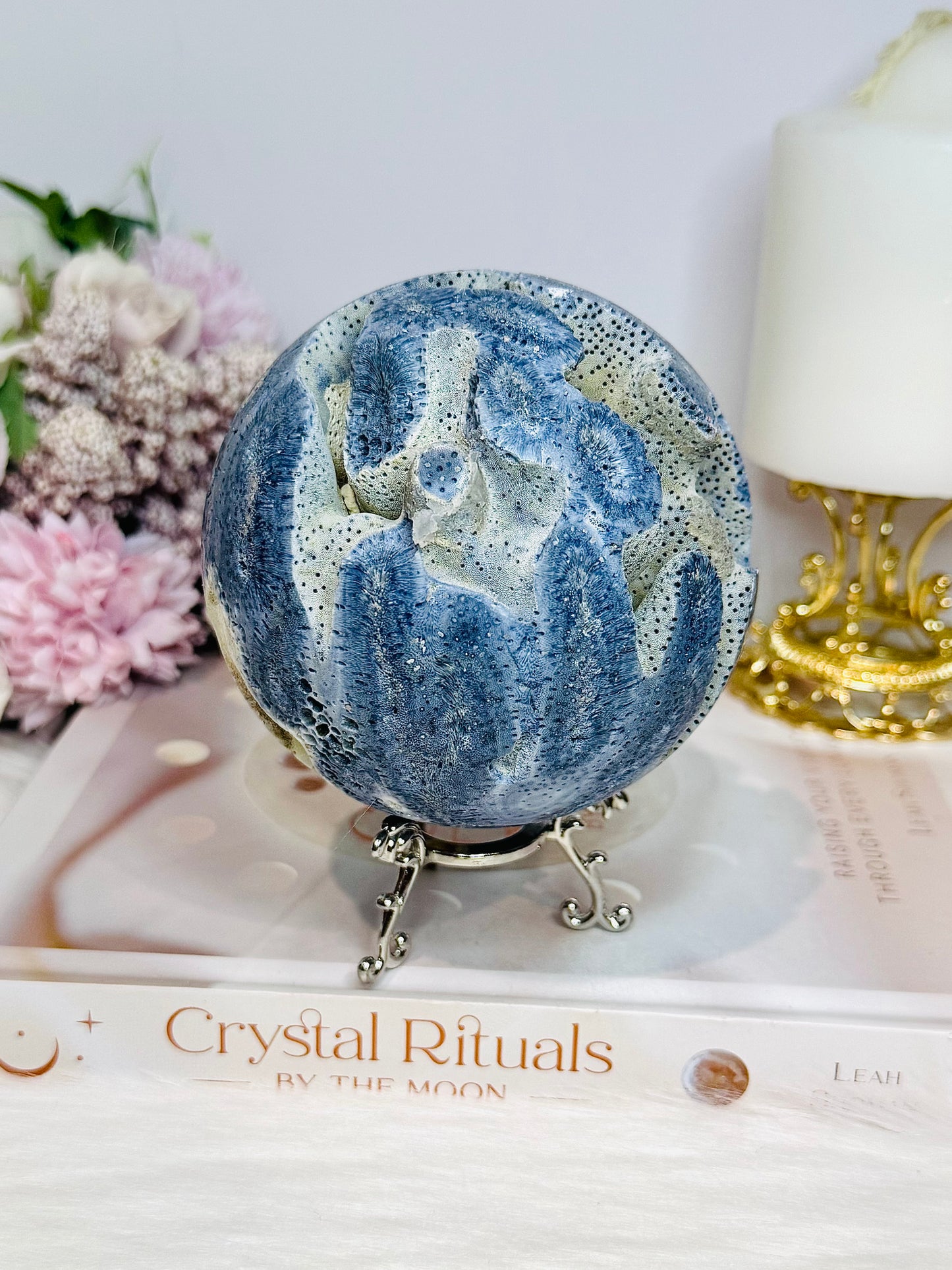 Rare Natural Large Blue Coral Fossil Sphere 732g