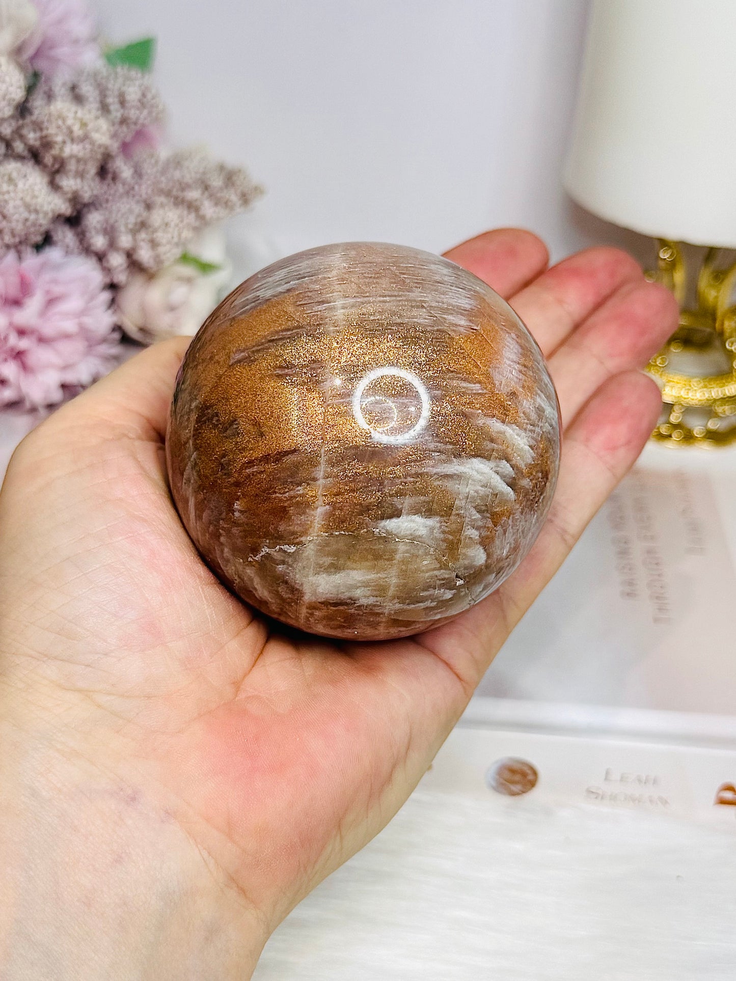 Shimmering Large Sunstone with Moonstone Sphere on Stand 433g