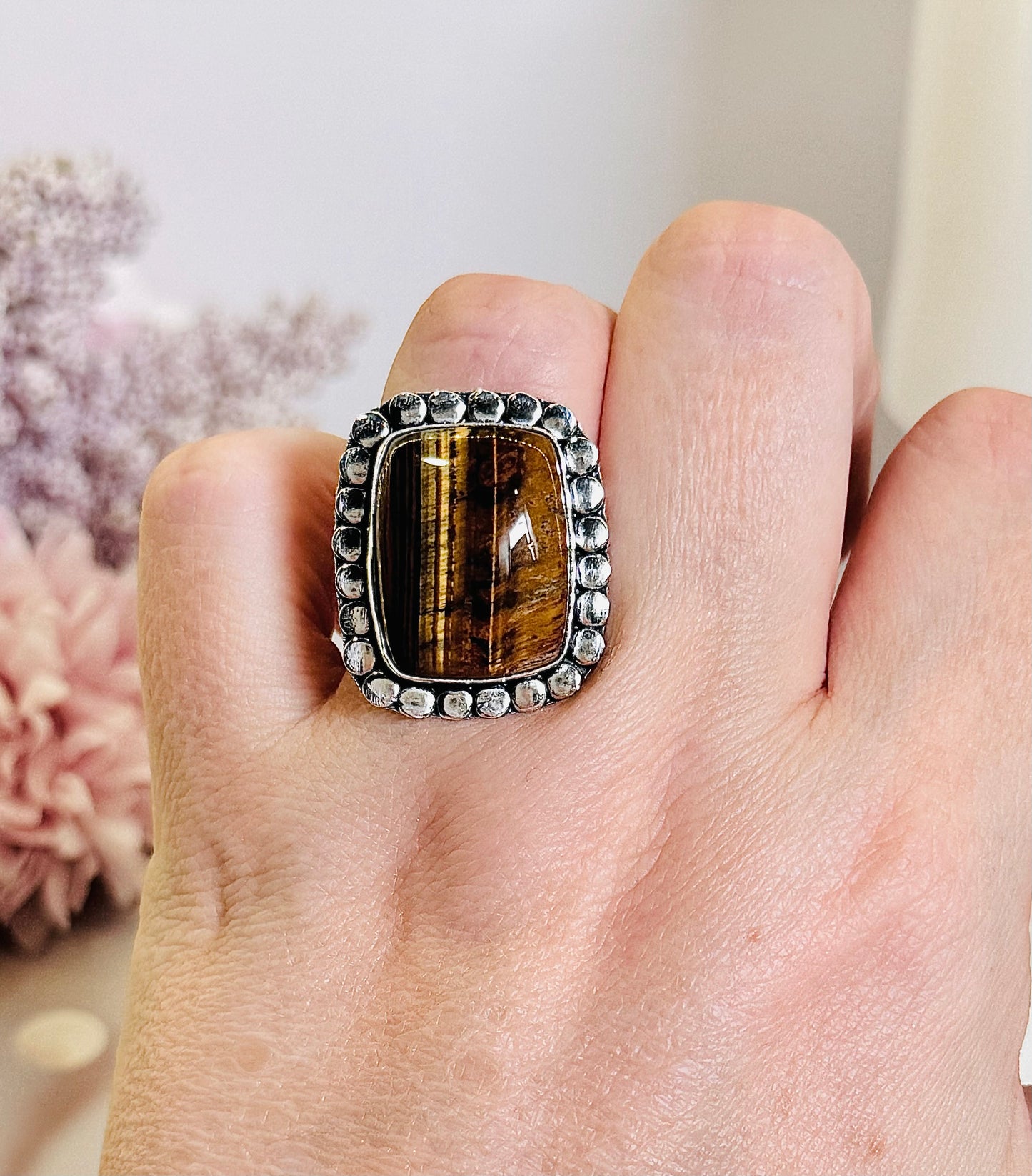 Large Natural Tigers Eye Adjustable Ring In Gift Bag