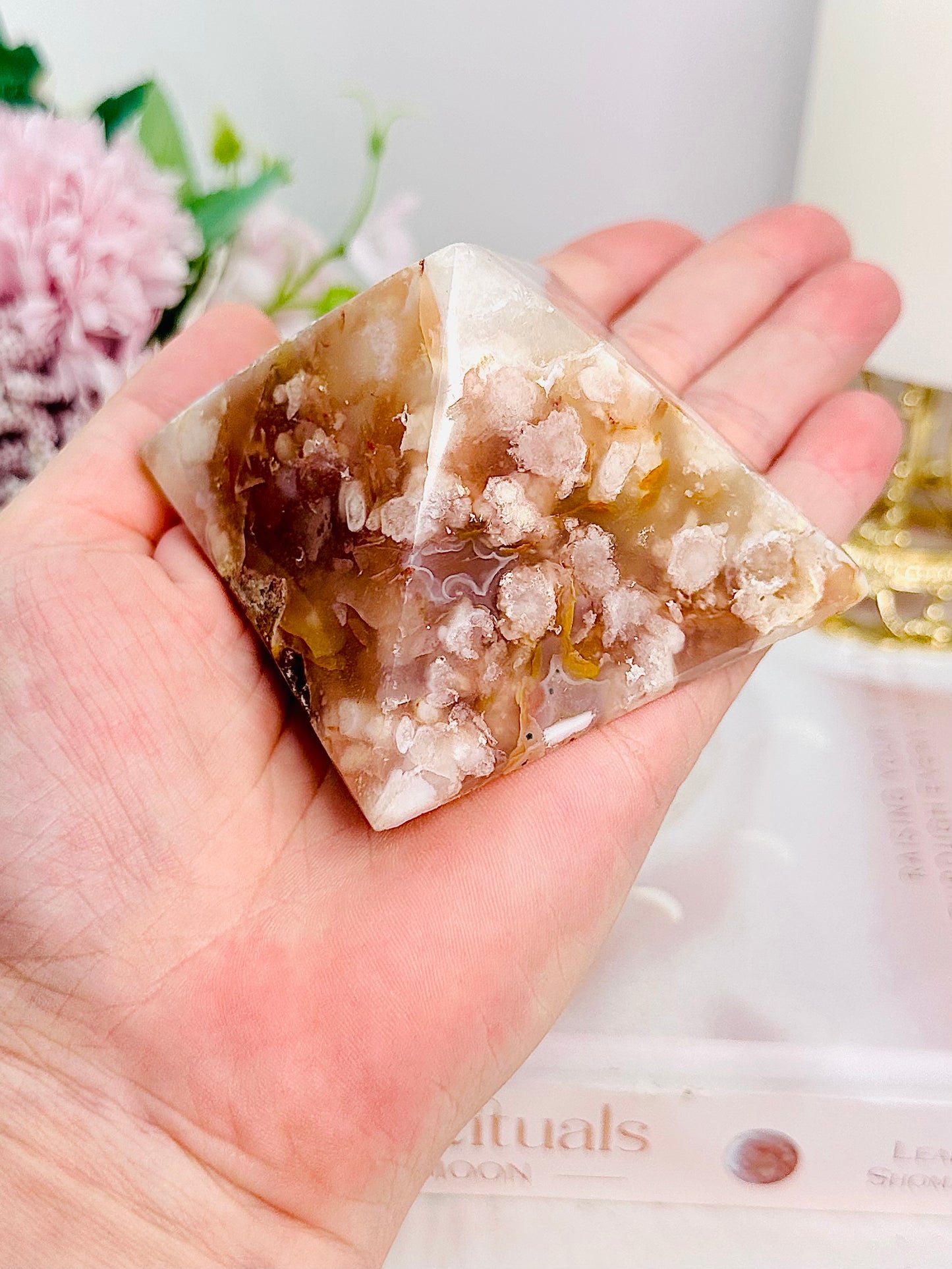 Beautiful Flower Agate Pyramid Carving 7cm