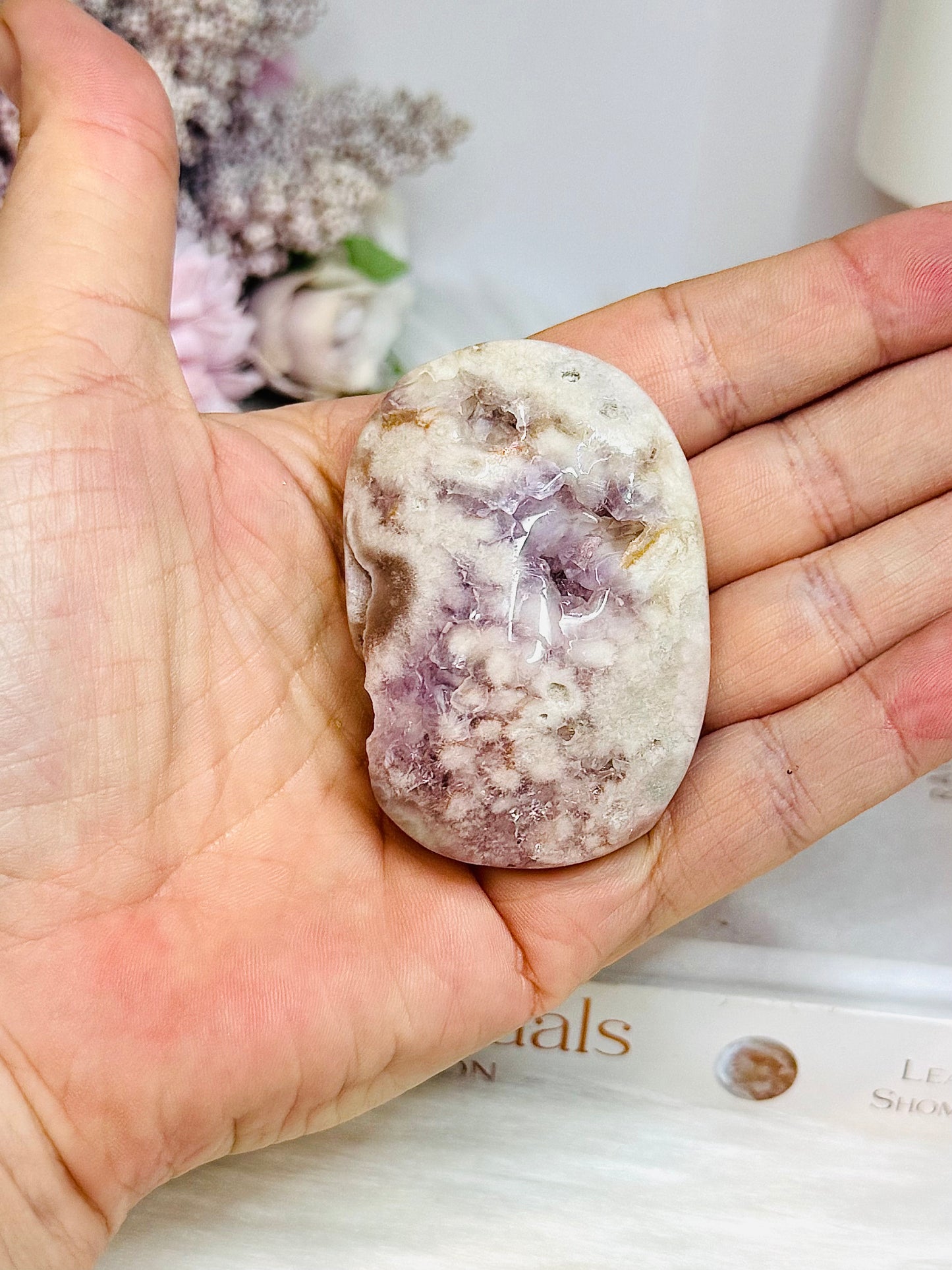 Pink Amethyst Druzy Palm Stone (stand is display only)