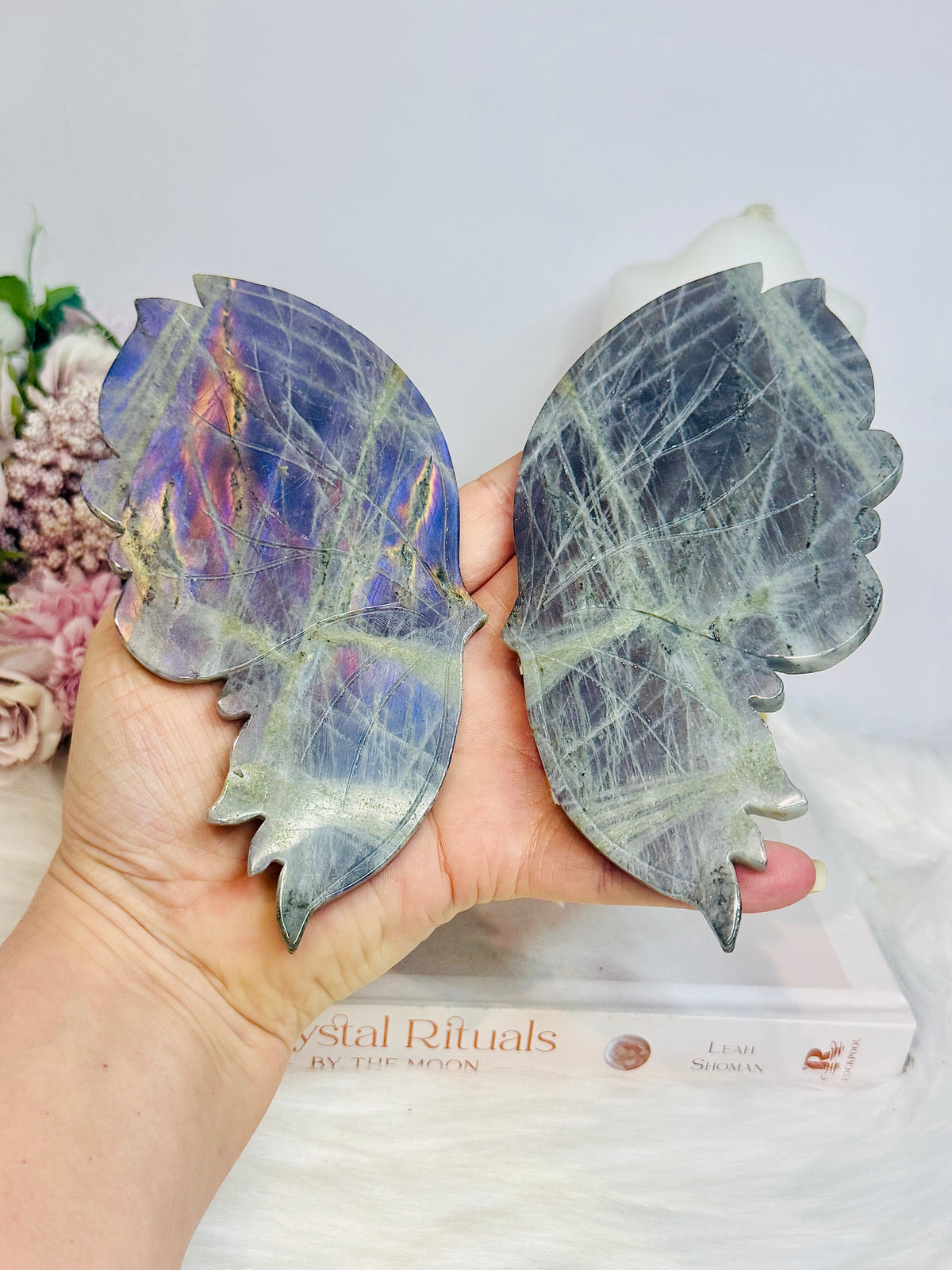 Large Labradorite Butterfly Wings With Purple Flash 21cm Tall