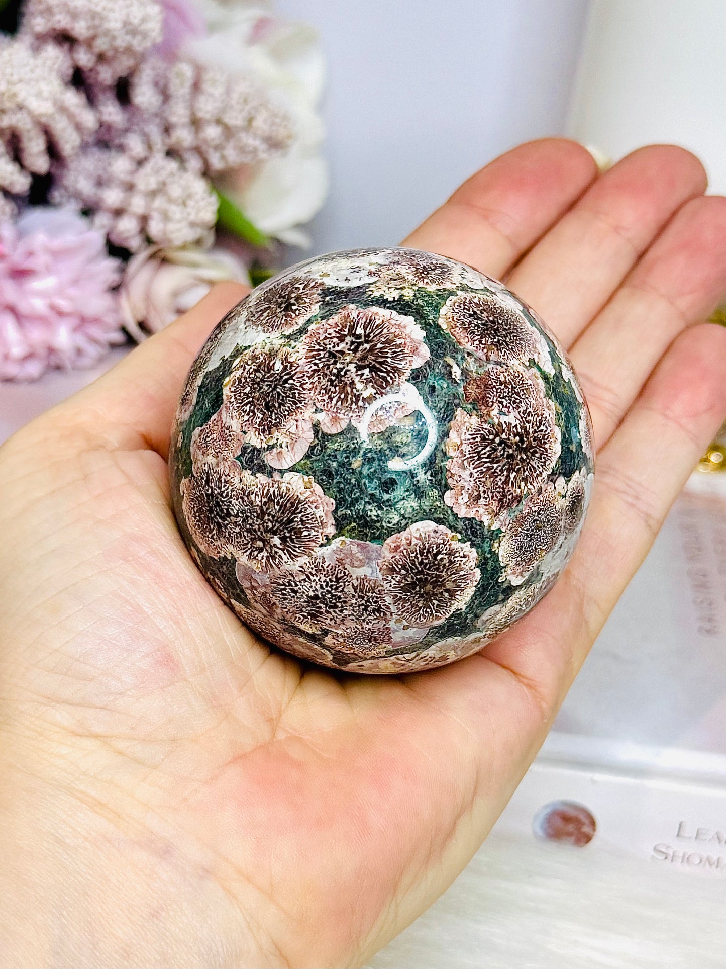 Green Sakura Jasper Sphere On Stand 320g
