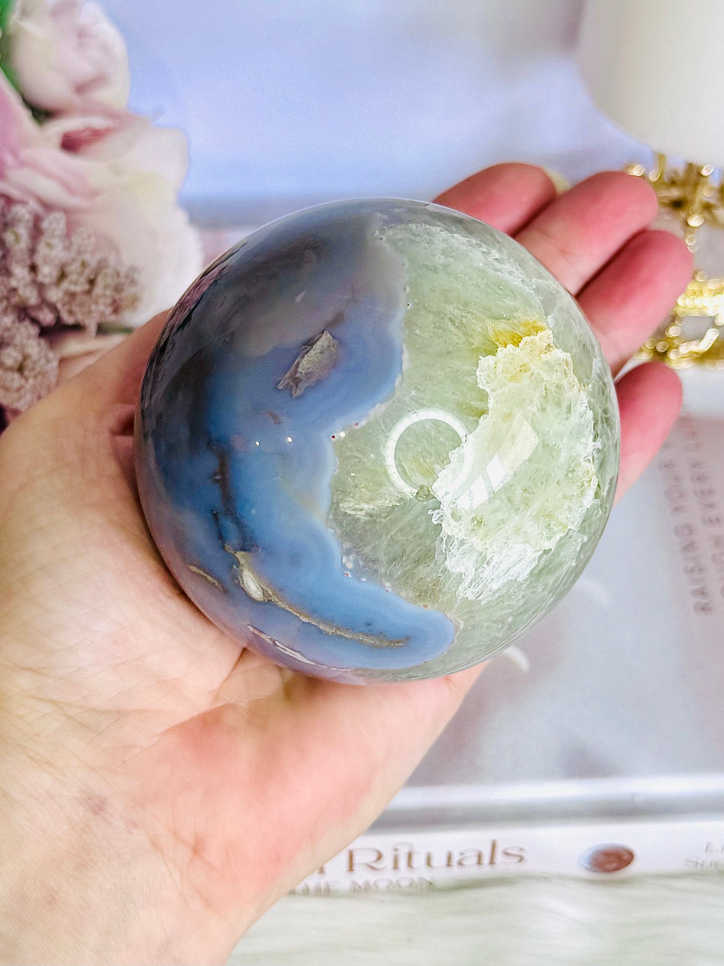 Rare & Incredible Large Green & Blue Flower Agate Sphere On Stand 671grams