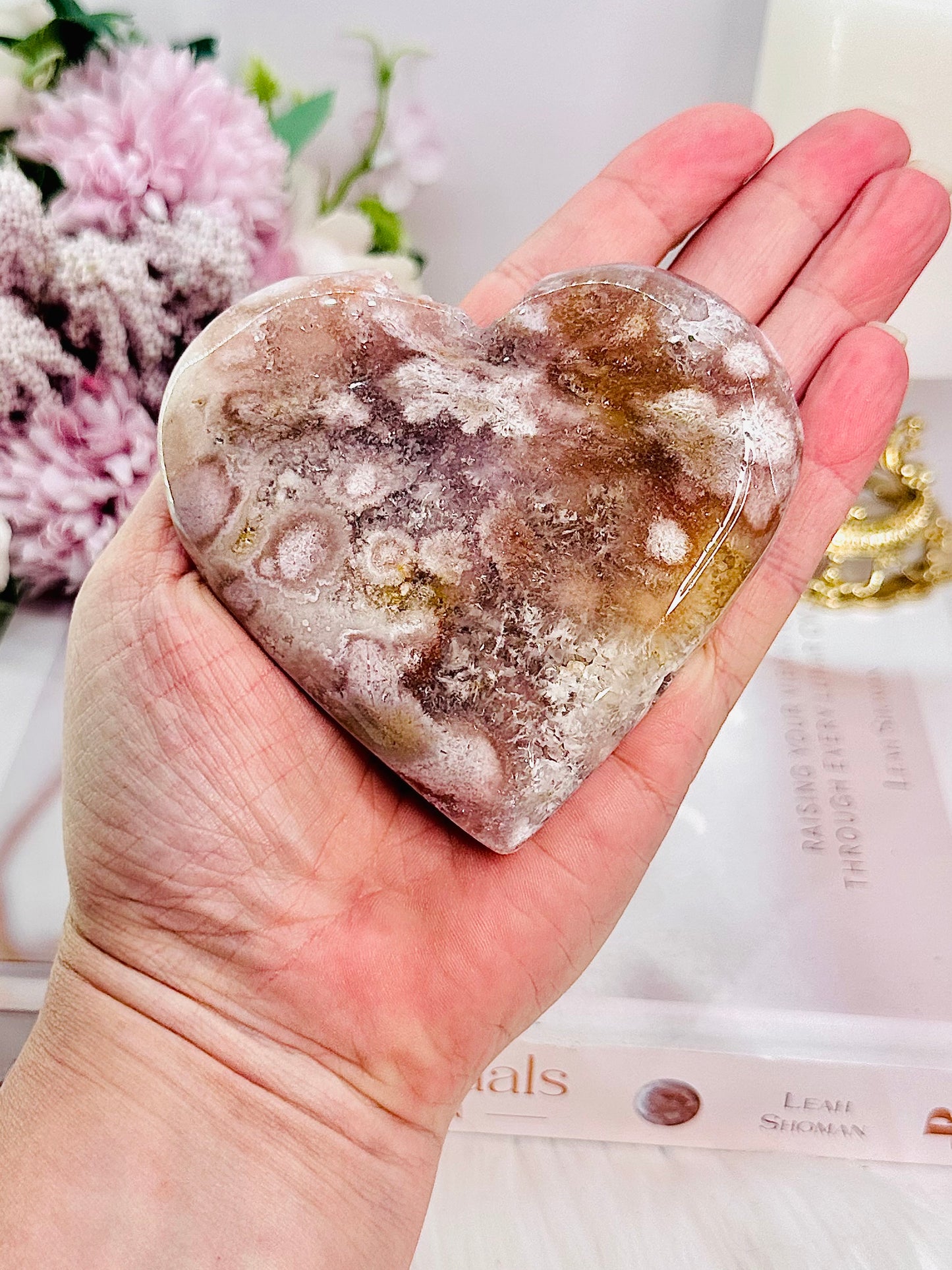 Stunning Rare Combination Pink Amethyst Druzy X Flower Agate Heart 298grams On Gold Stand