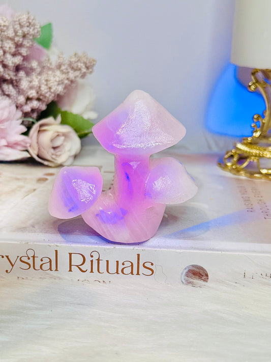 Pink Mangano Calcite Triple Mushroom Carving (UV Reactive)