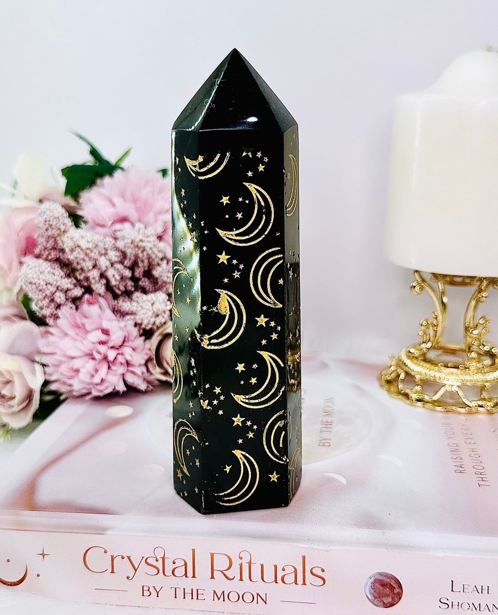 Protective Stone ~ Stunning Black Obsidian Tower with Gold Moon & Star Engraving 15.5cm 381grams (discounted as some gold print has come off tower)