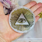 Amazing Selenite Slab with Gold Evil Eye Carving on Stand 8cm