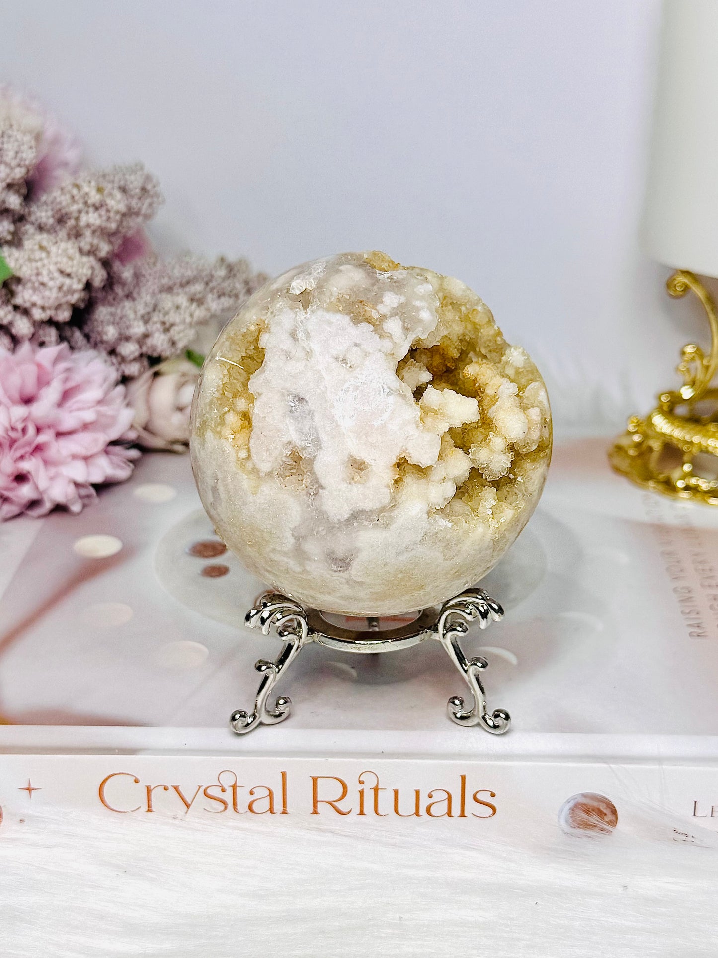 Large Pink Amethyst X Flower Agate Druzy Sphere on Stand 384g