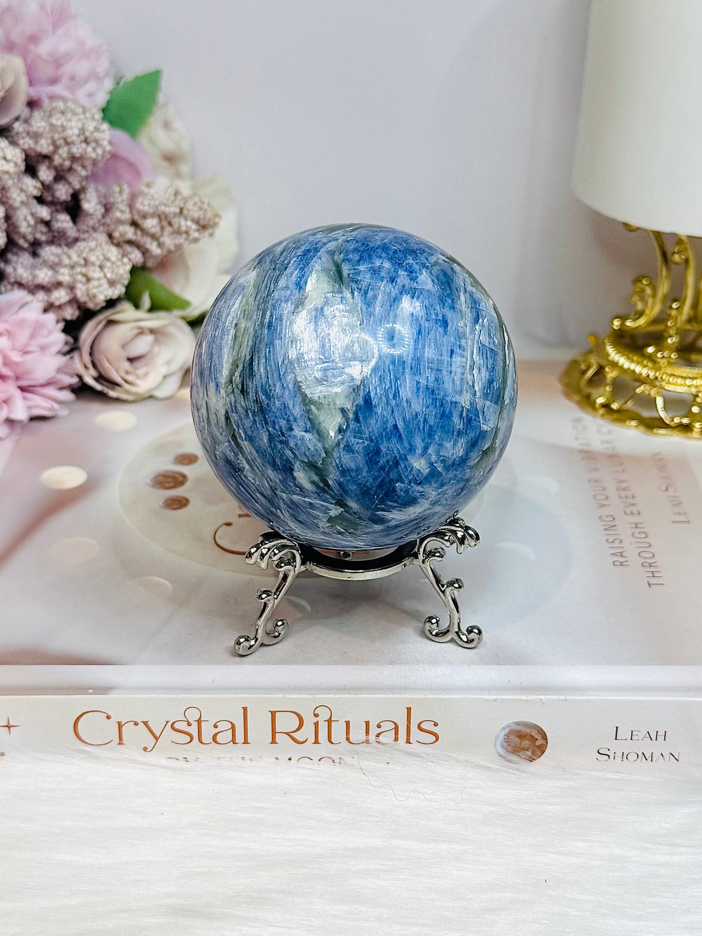 Blue Kyanite Sphere on Stand 560g On Stand