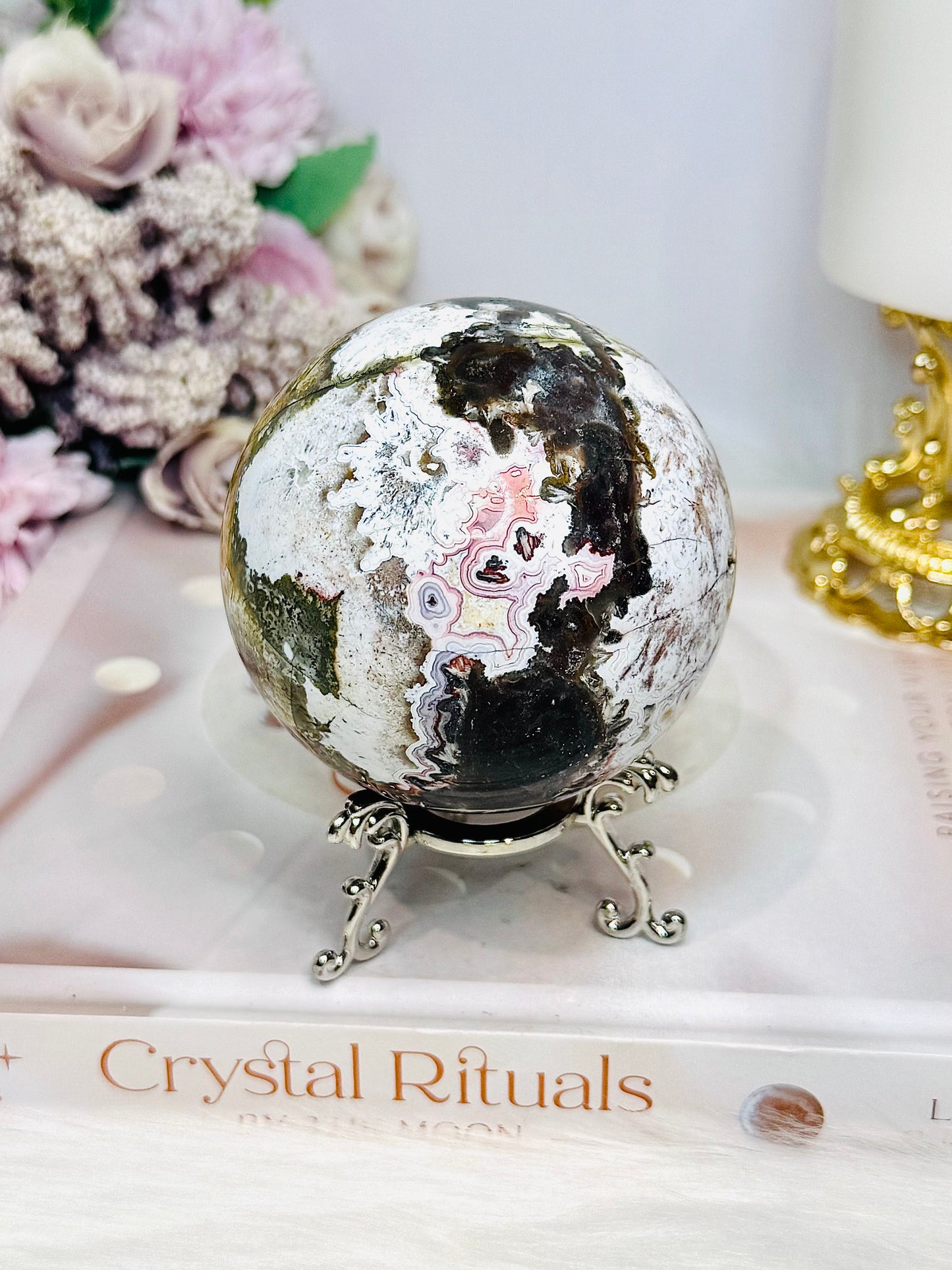Large Mexican Crazy Lace Agate Druzy Sphere on Stand 449g