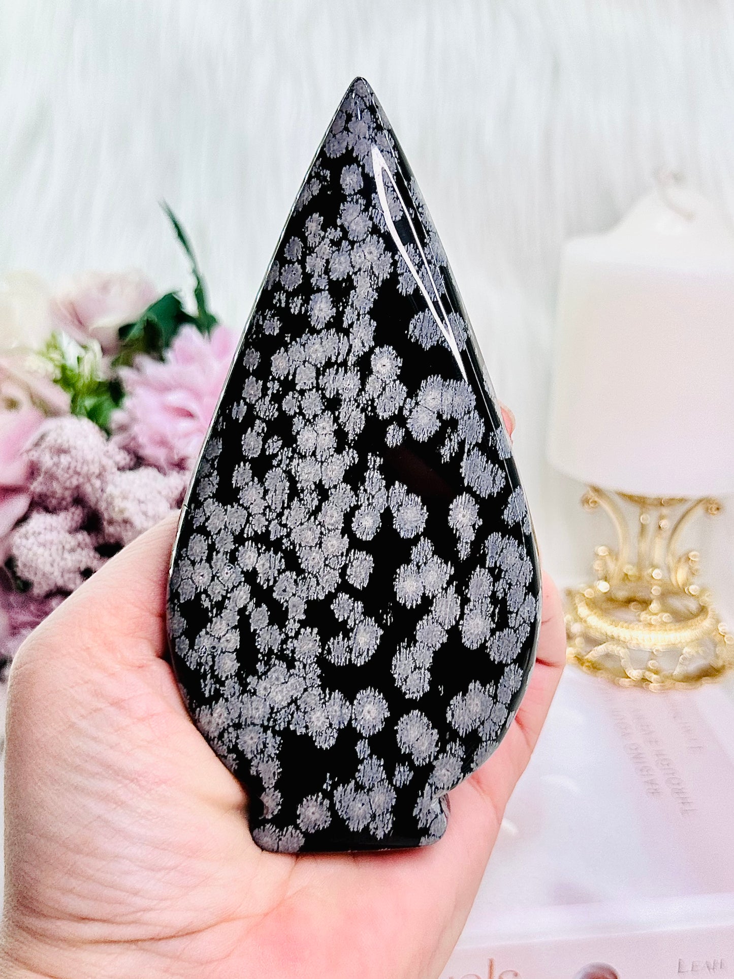 Balances Body, Mind & Spirit ~ Stunning Tall 14cm Snowflake Obsidian Carved Flame | Freeform