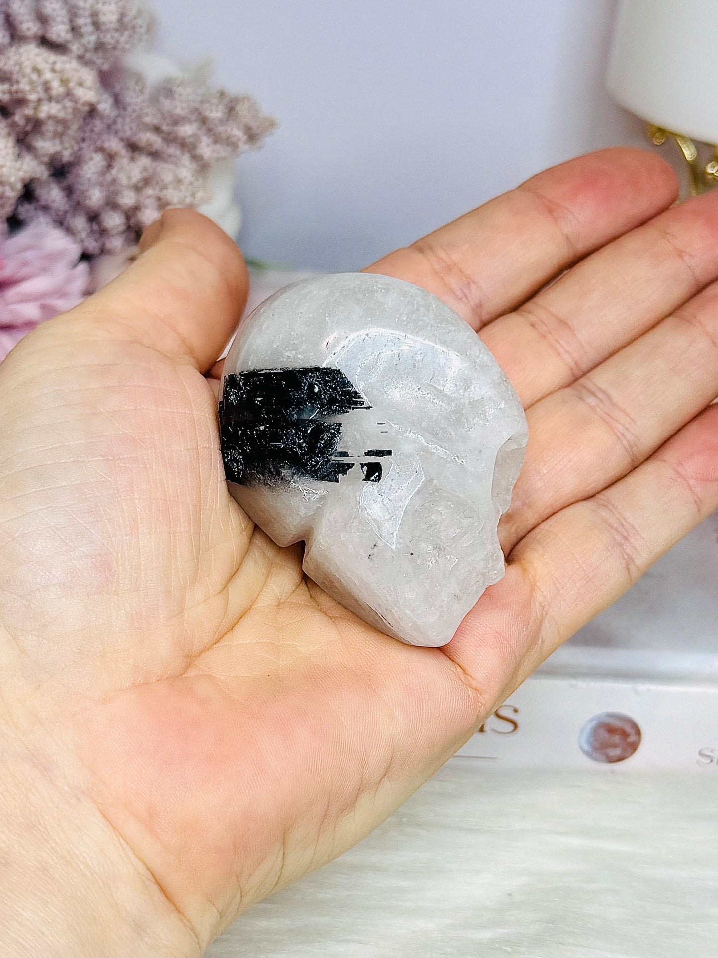Black Tourmaline in Quartz Carved Skull 6cm