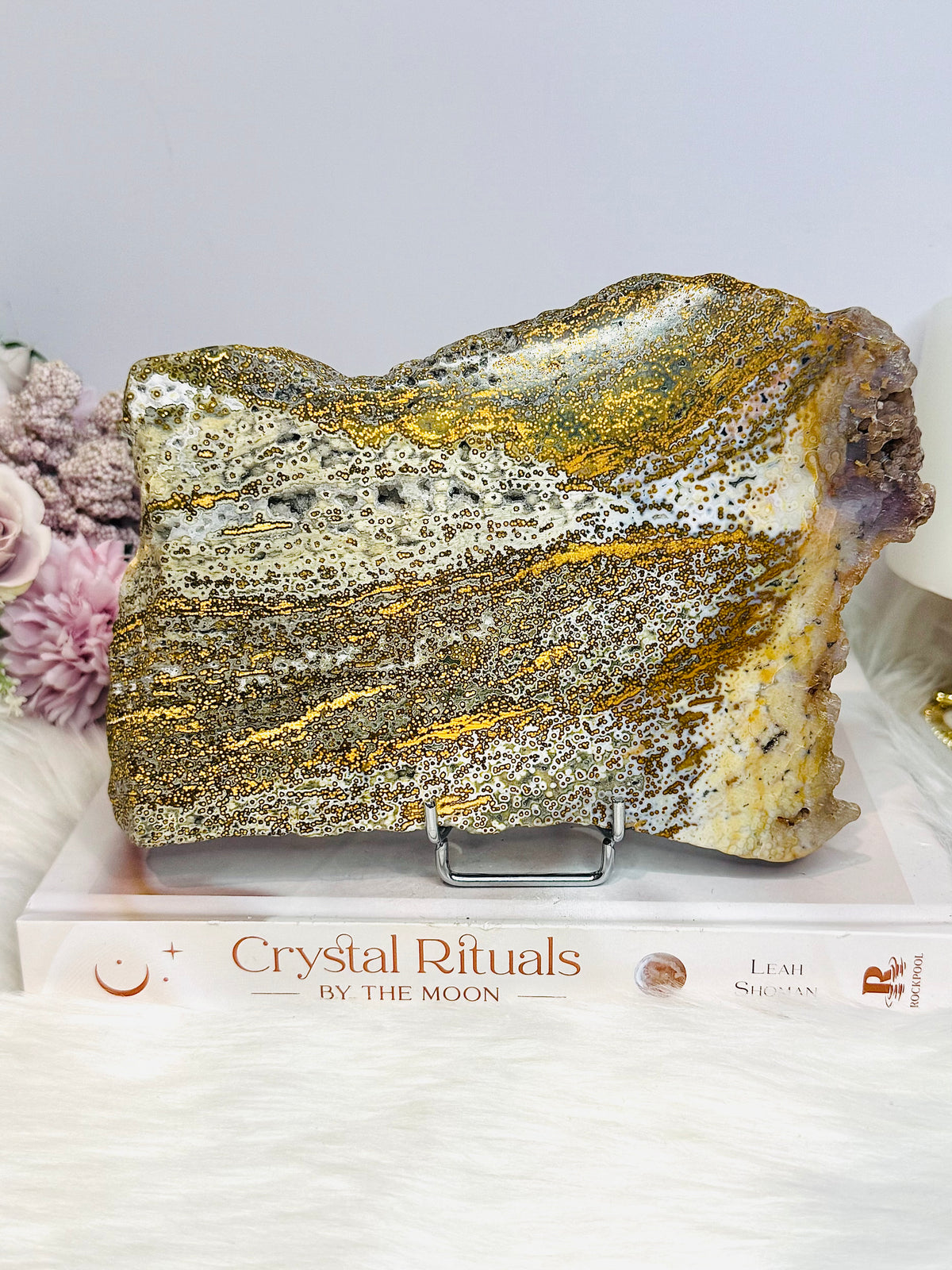 Large High Grade Ocean Jasper Druzy Slab On Stand 18cm 826g