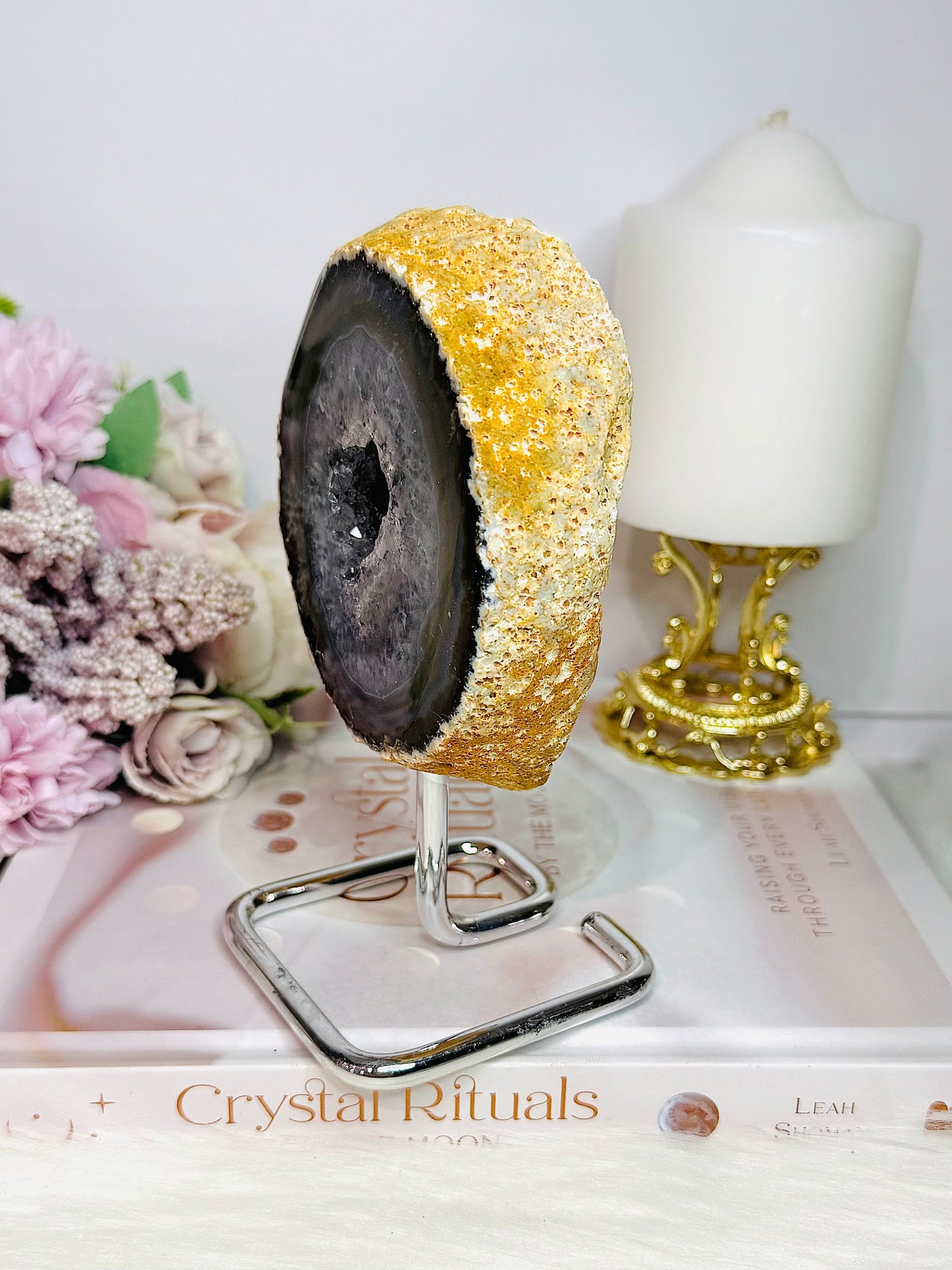 Natural Agate Geode On Silver Stand 14.5cm
