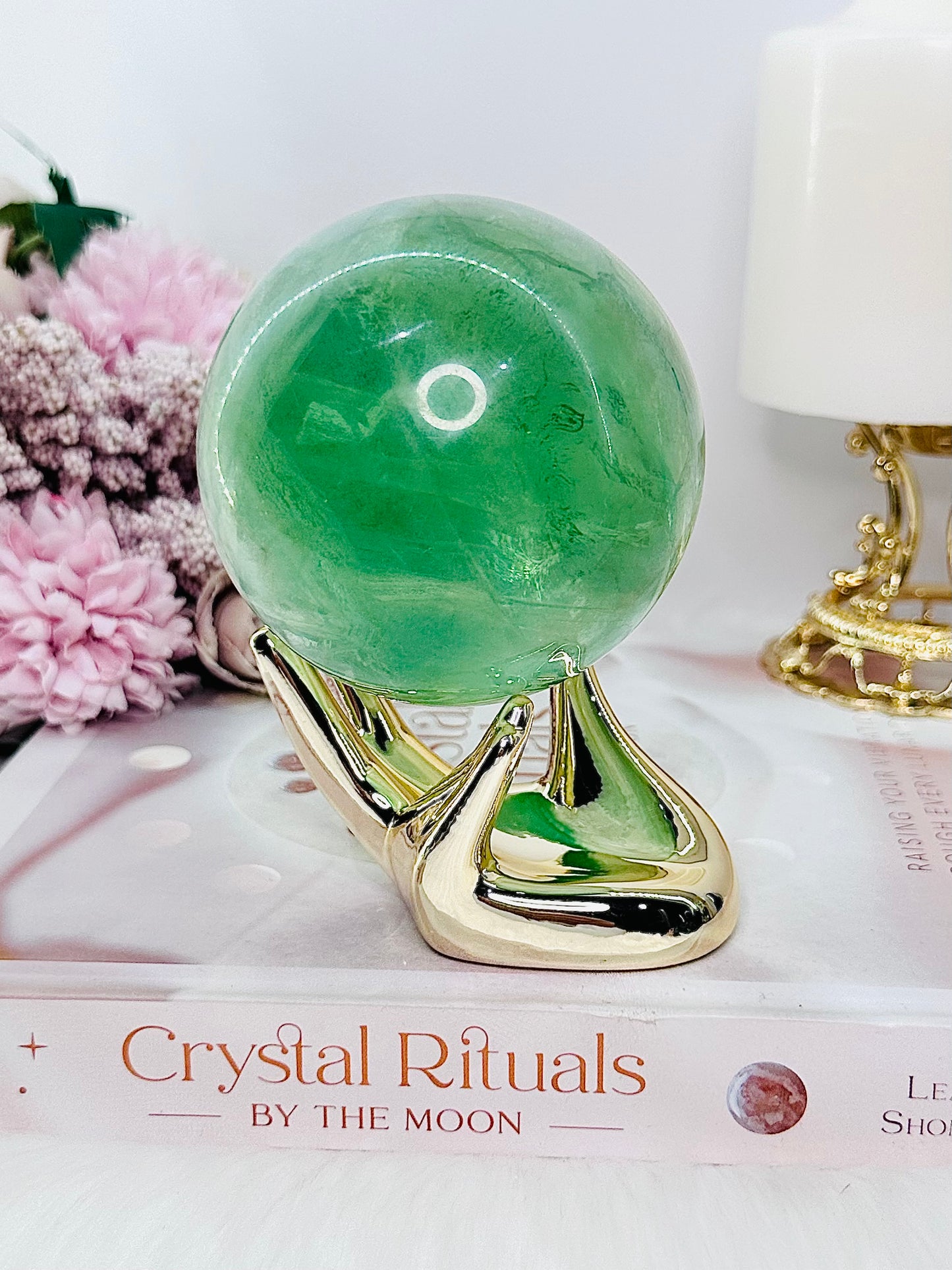 Absolutely Incredible Large 742gram Perfect Green Fluorite Sphere On Gold Hand Stand