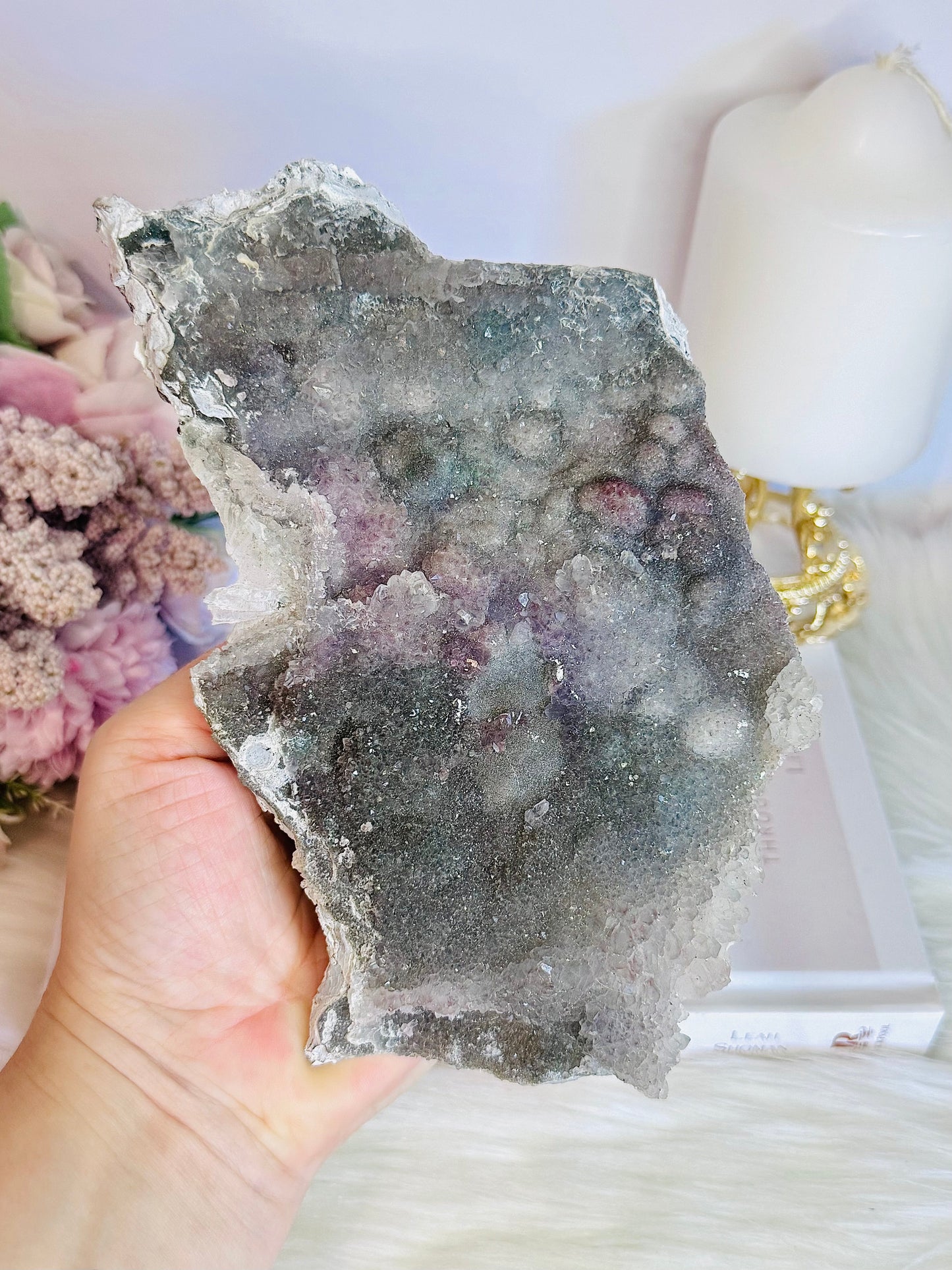 Natural Zeolite | Flower Amethyst Slab on Custom Made Stand 22cm (Inc Stand)