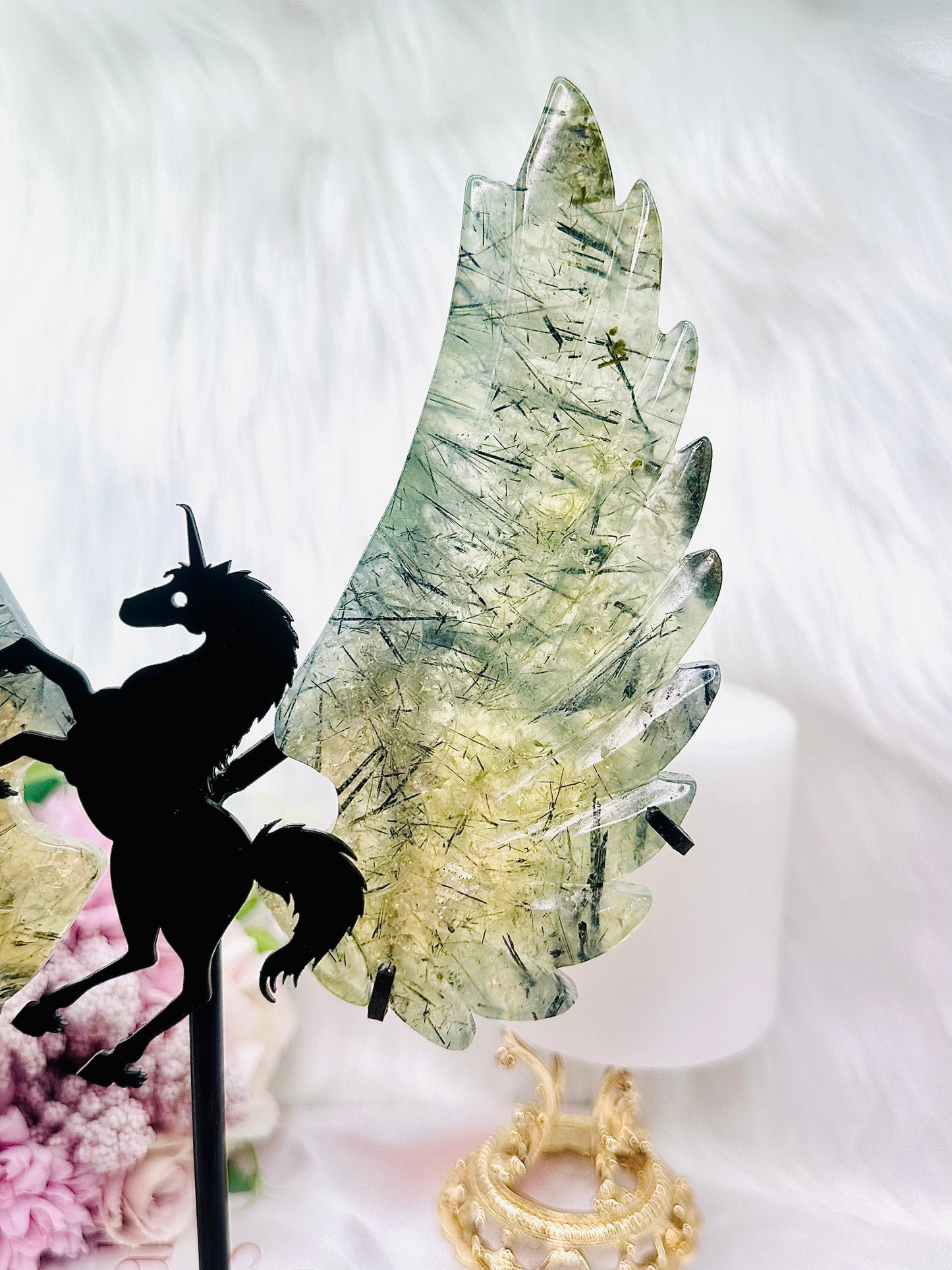 A Spectacular Piece ~ Incredible Large 26cm (Inc Stand) Prehnite Unicorn with Sensational Wings