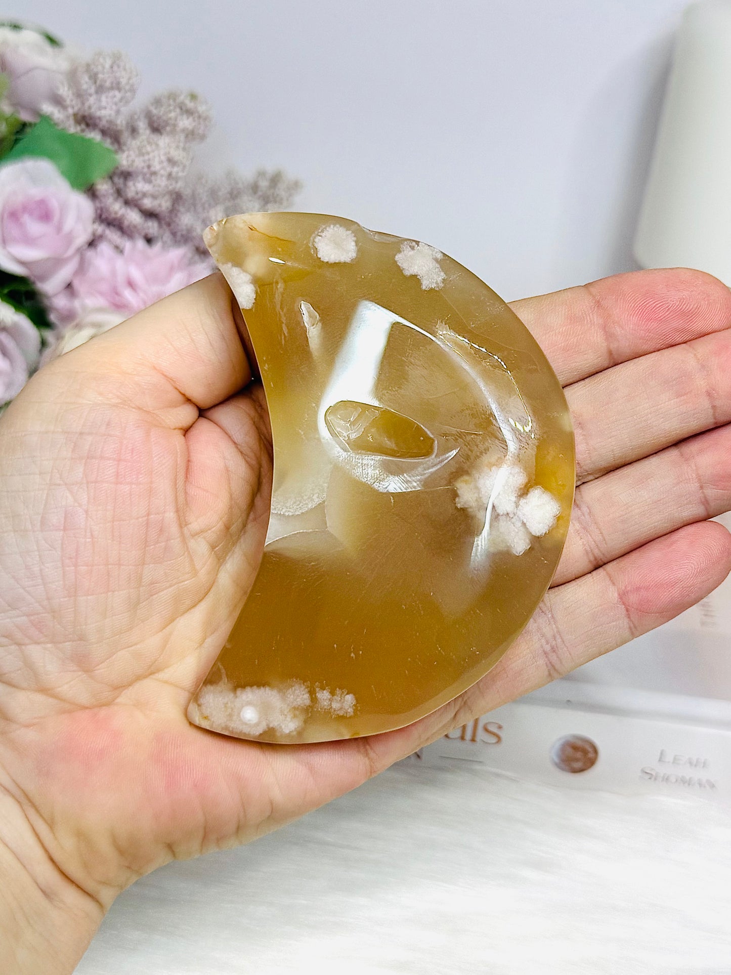 Flower Agate Carved Moon (with imperfection) 9cm
