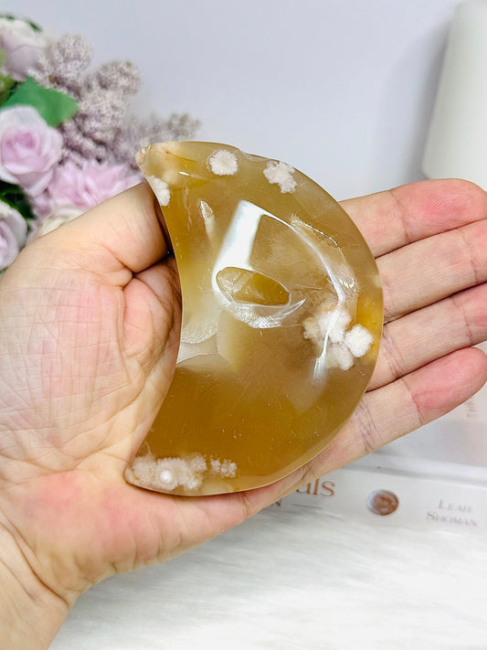Flower Agate Carved Moon (with imperfection) 9cm