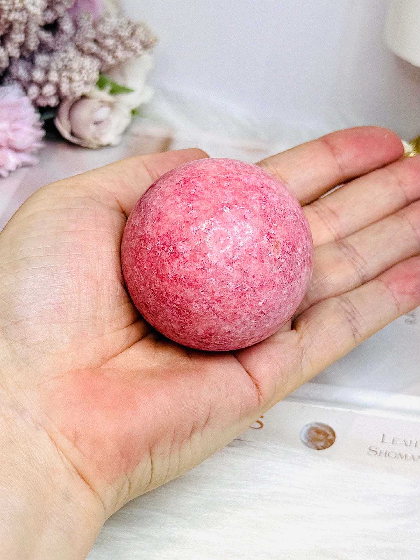 Thulite Sphere with Epidote 209g On Stand