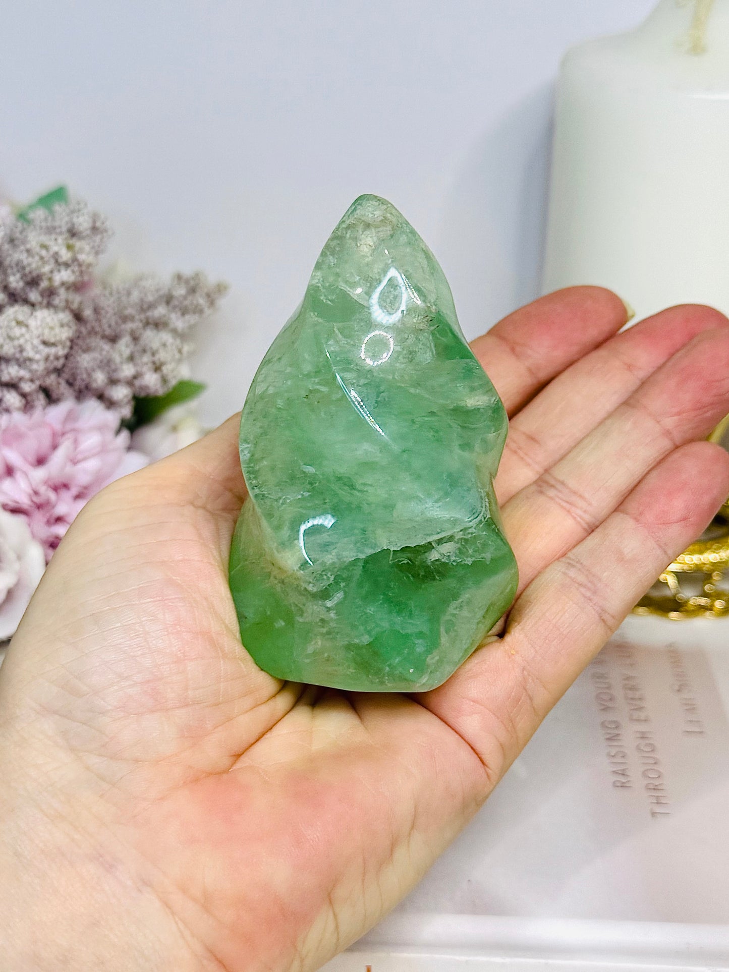 Green Fluorite Carved Flame 8cm 269g